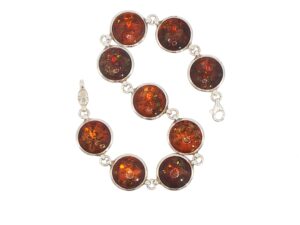 Round Amber Cabochon Link Bracelet in Silver