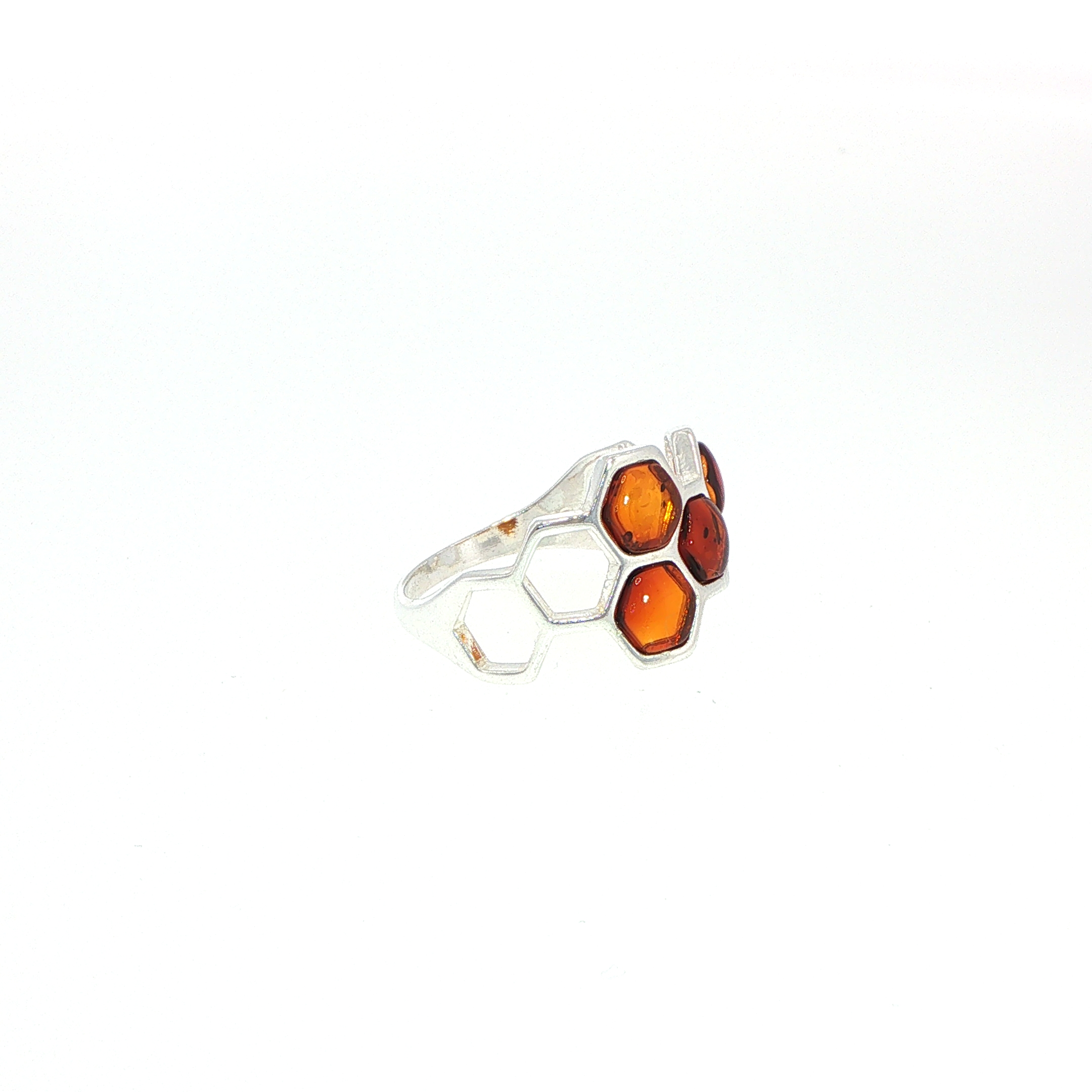 Honeycomb Ring with Hexagonal Amber Stones in Silver - Image 2