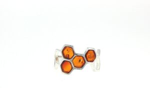 Honeycomb Ring with Hexagonal Amber Stones in Silver