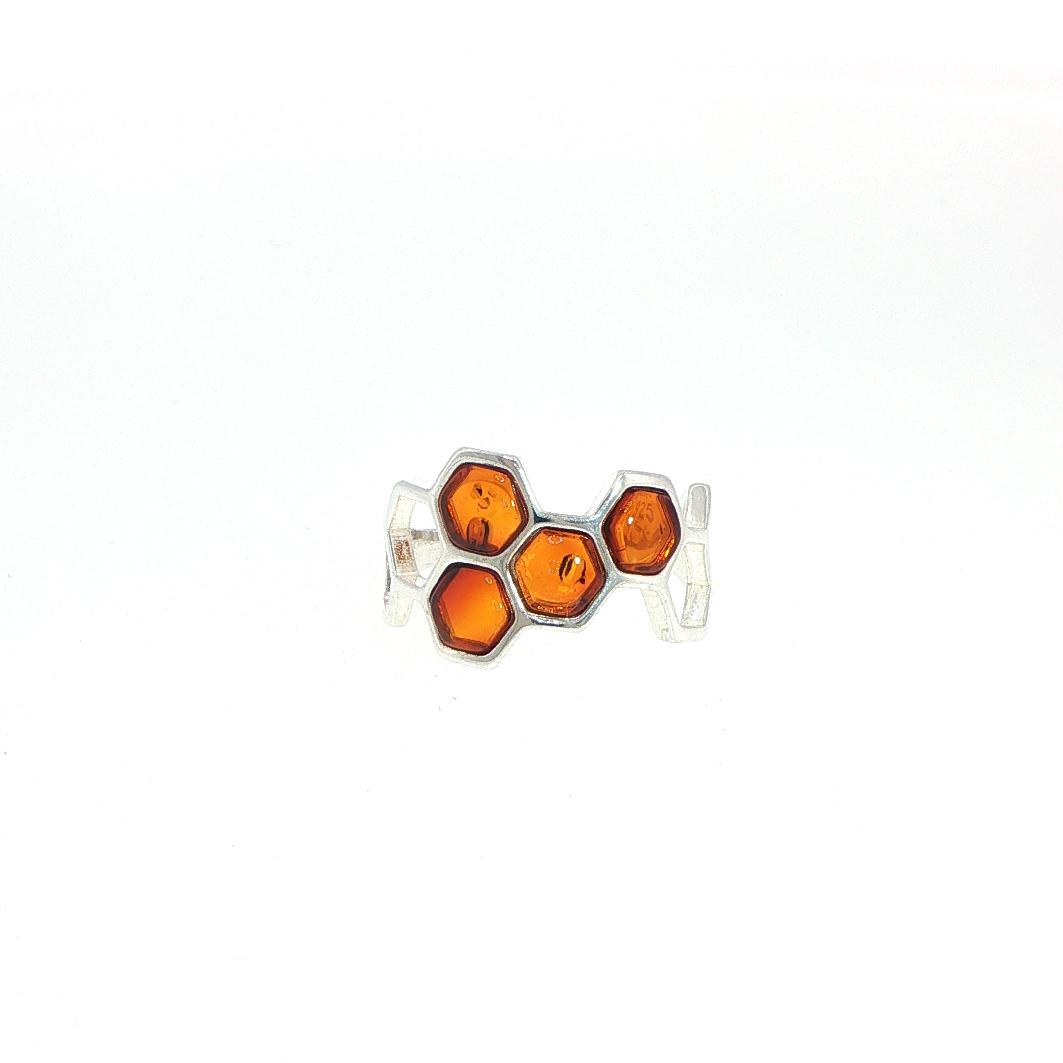 Honeycomb Ring with Hexagonal Amber Stones in Silver