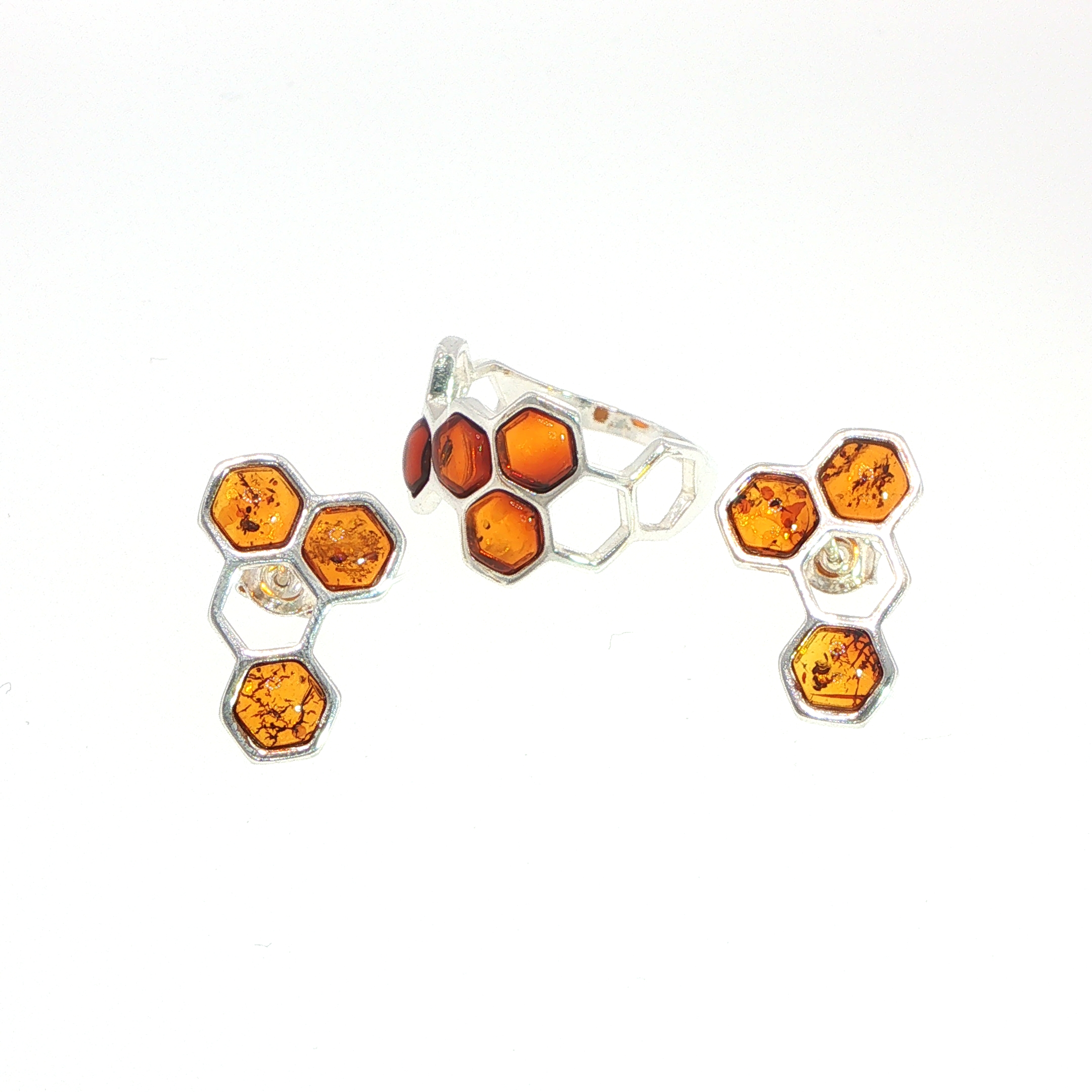 Honeycomb Ring with Hexagonal Amber Stones in Silver - Image 13