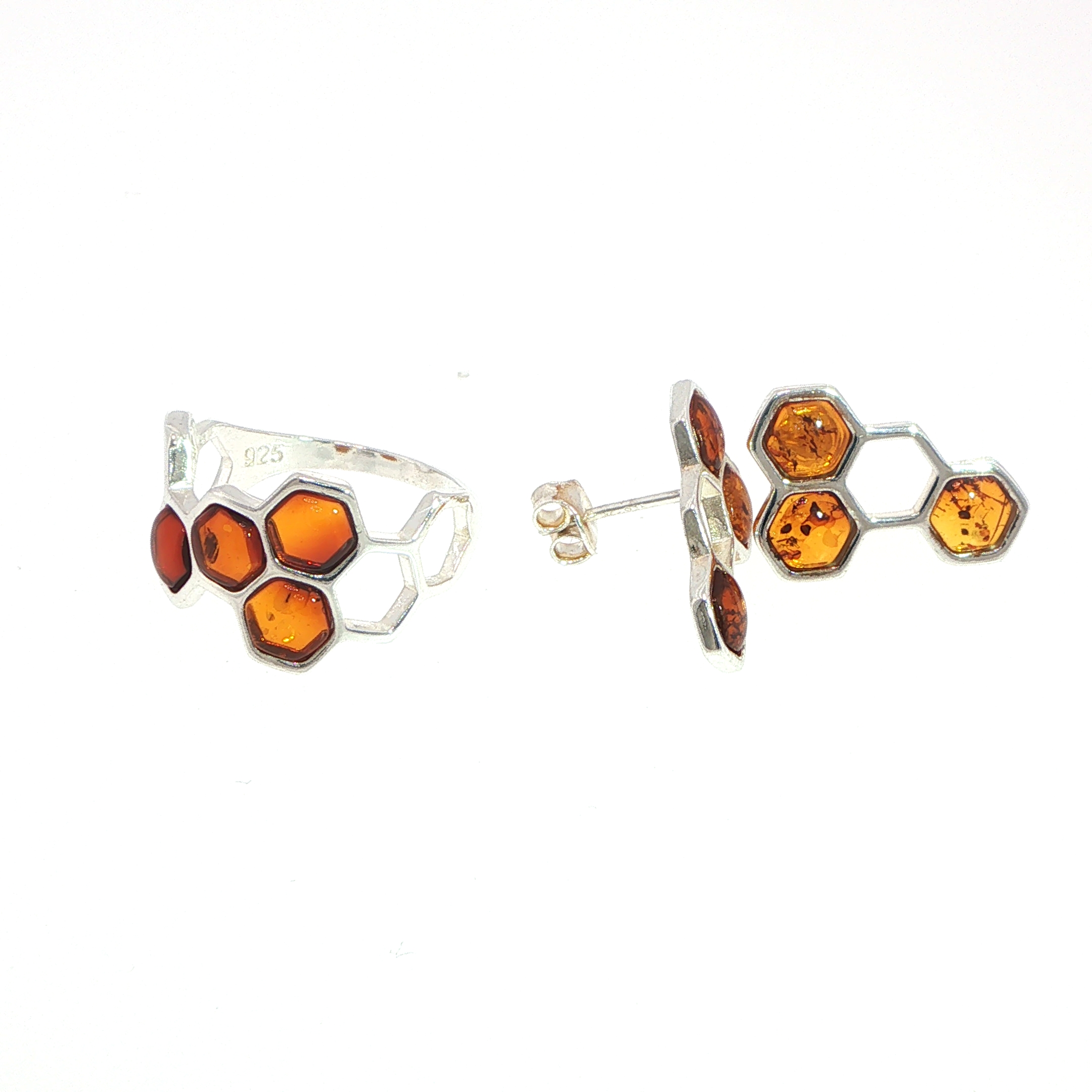 Honeycomb Ring with Hexagonal Amber Stones in Silver - Image 14