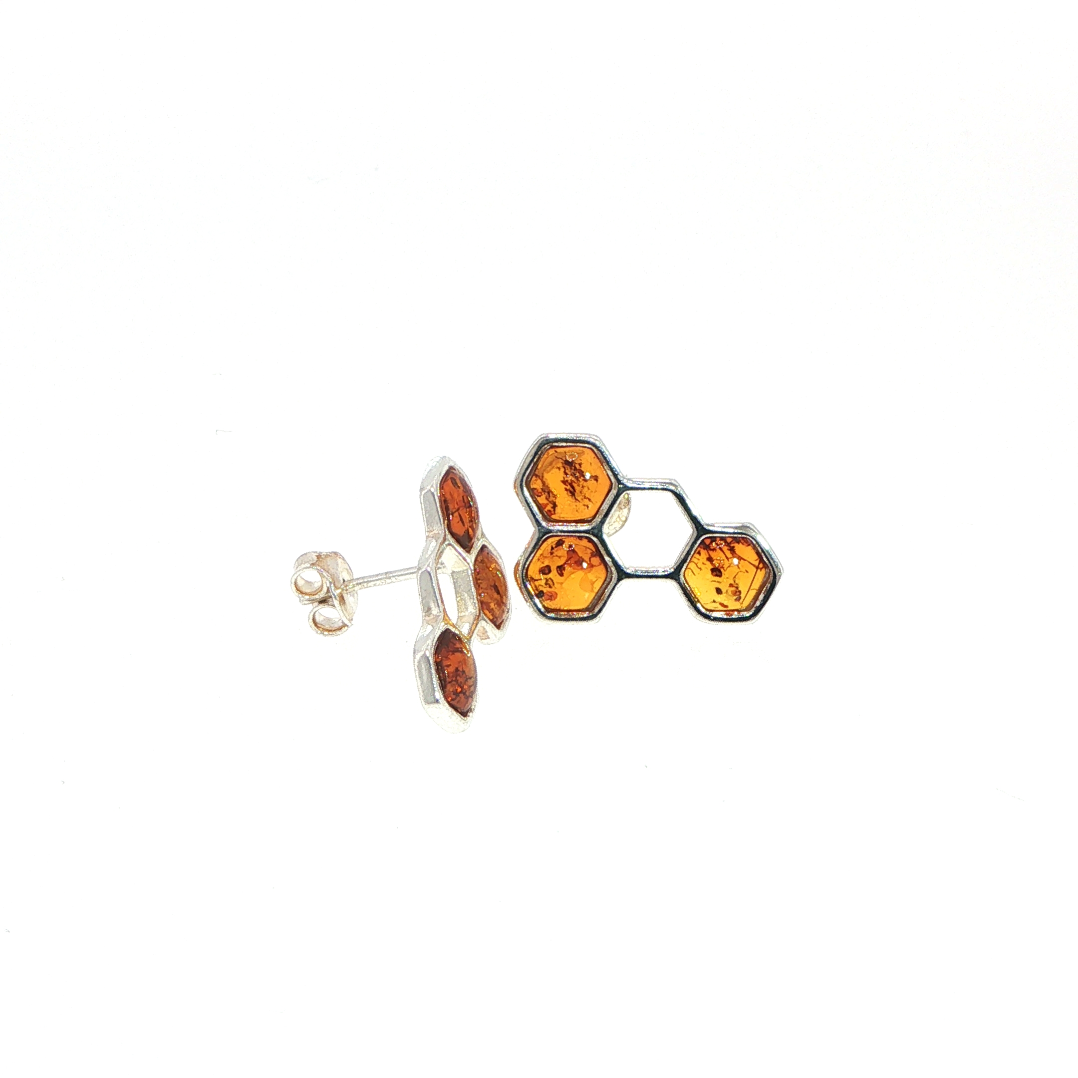 Honeycomb Amber Stud Earrings in Silver - Image 2