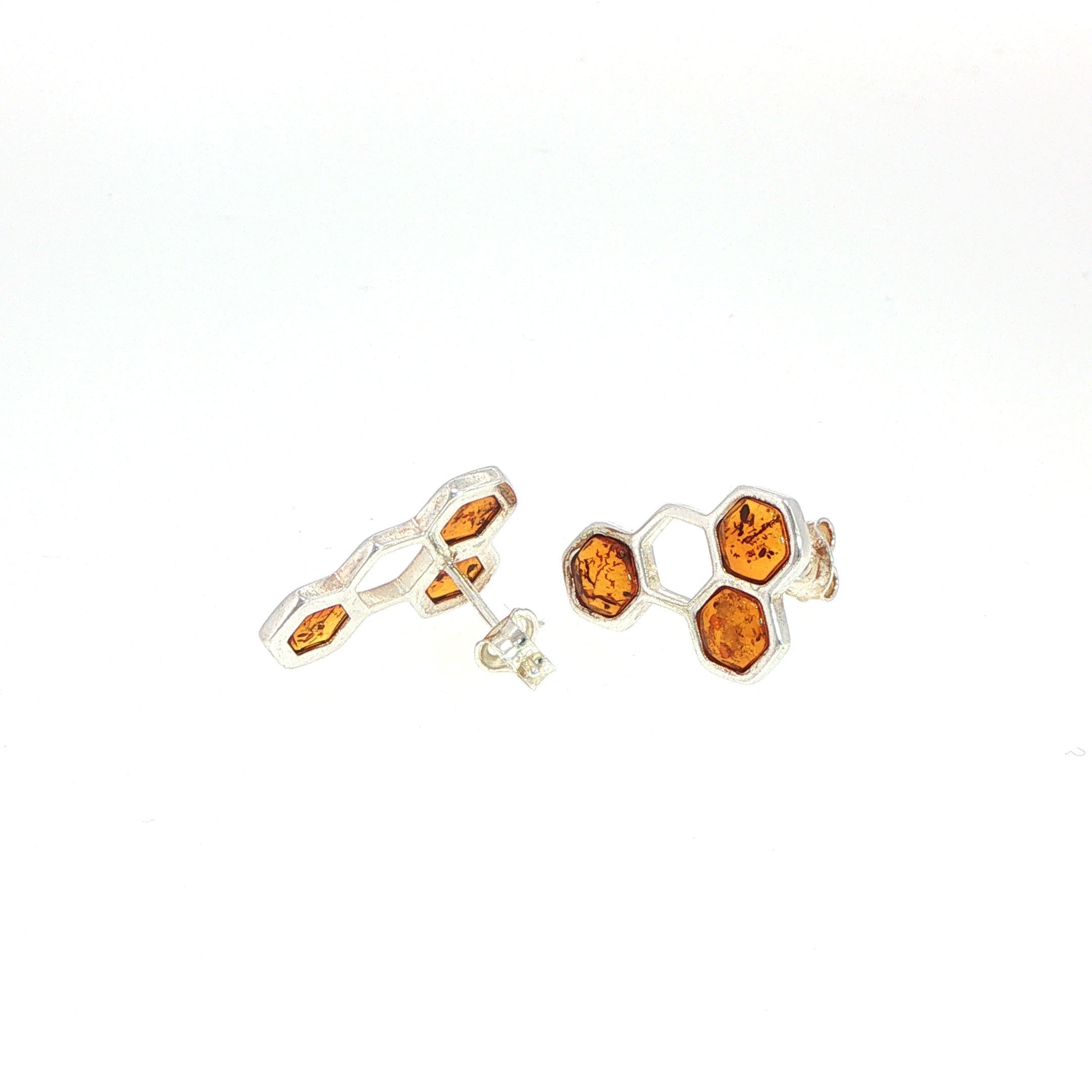 Honeycomb Amber Stud Earrings in Silver - Image 4