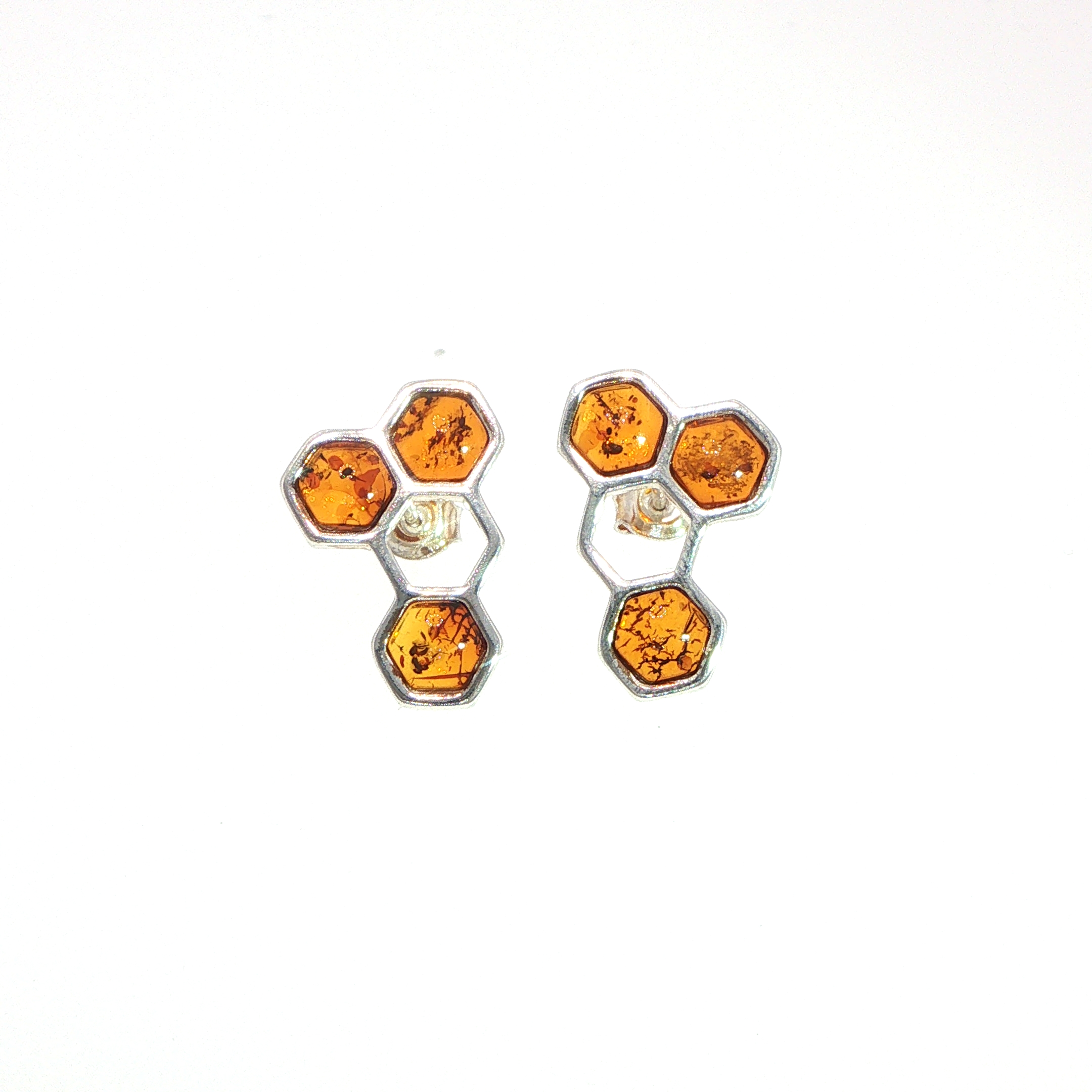 Honeycomb Amber Stud Earrings in Silver