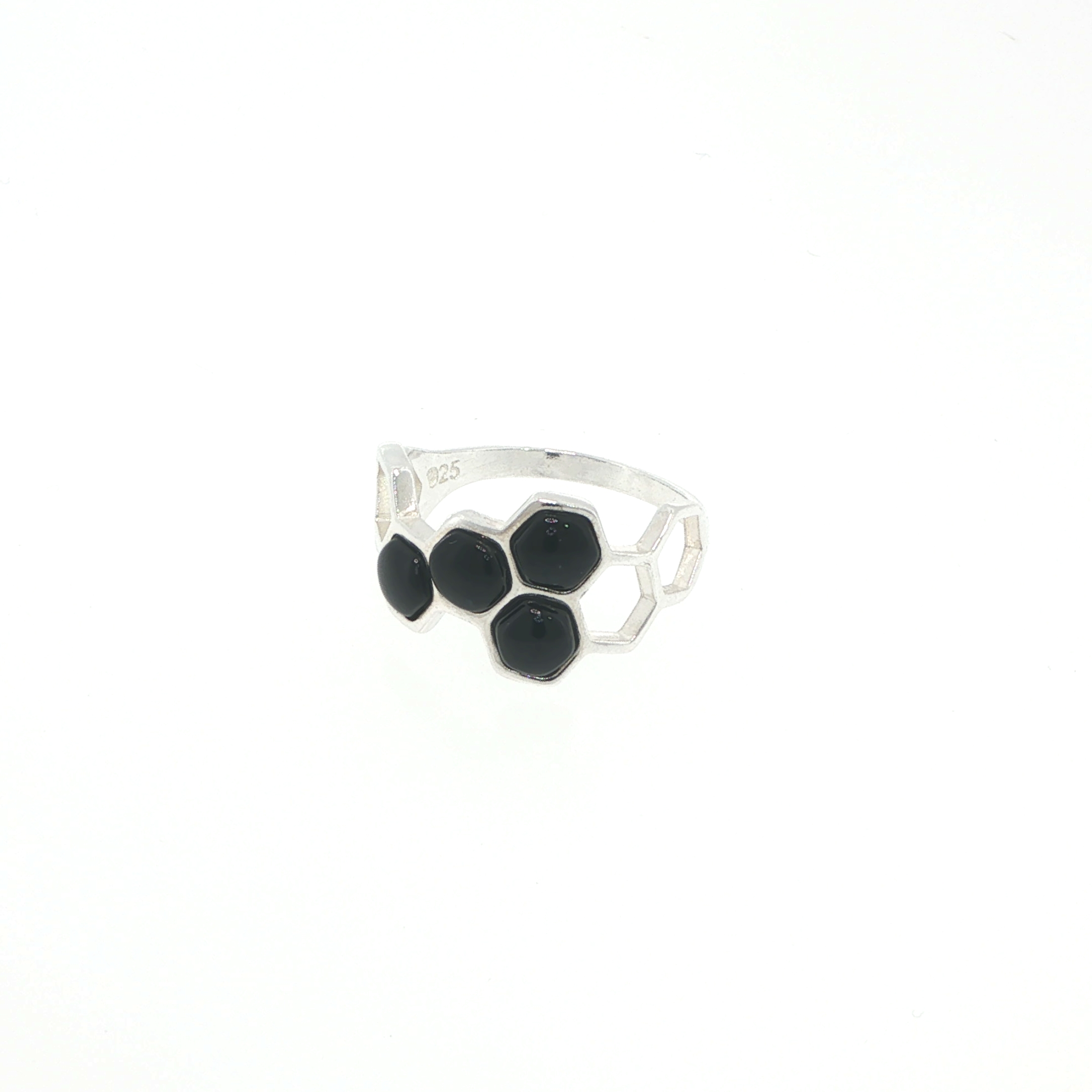 Honeycomb Ring with Whitby Jet Stones in Silver