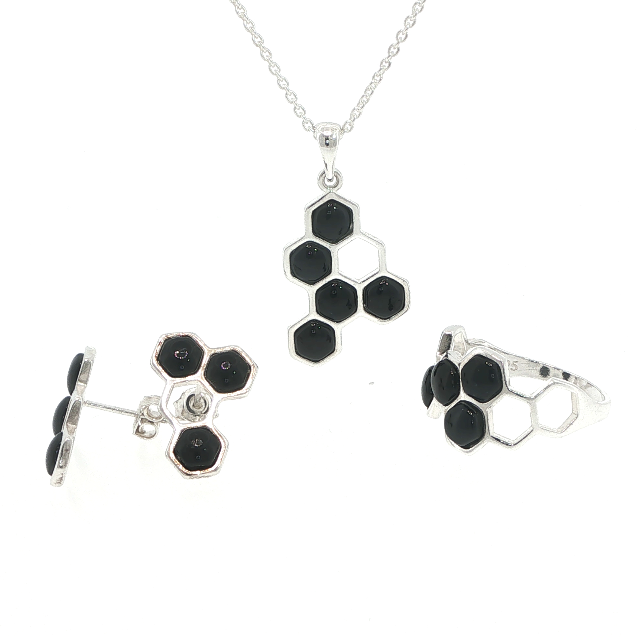 Honeycomb Ring with Whitby Jet Stones in Silver - Image 13