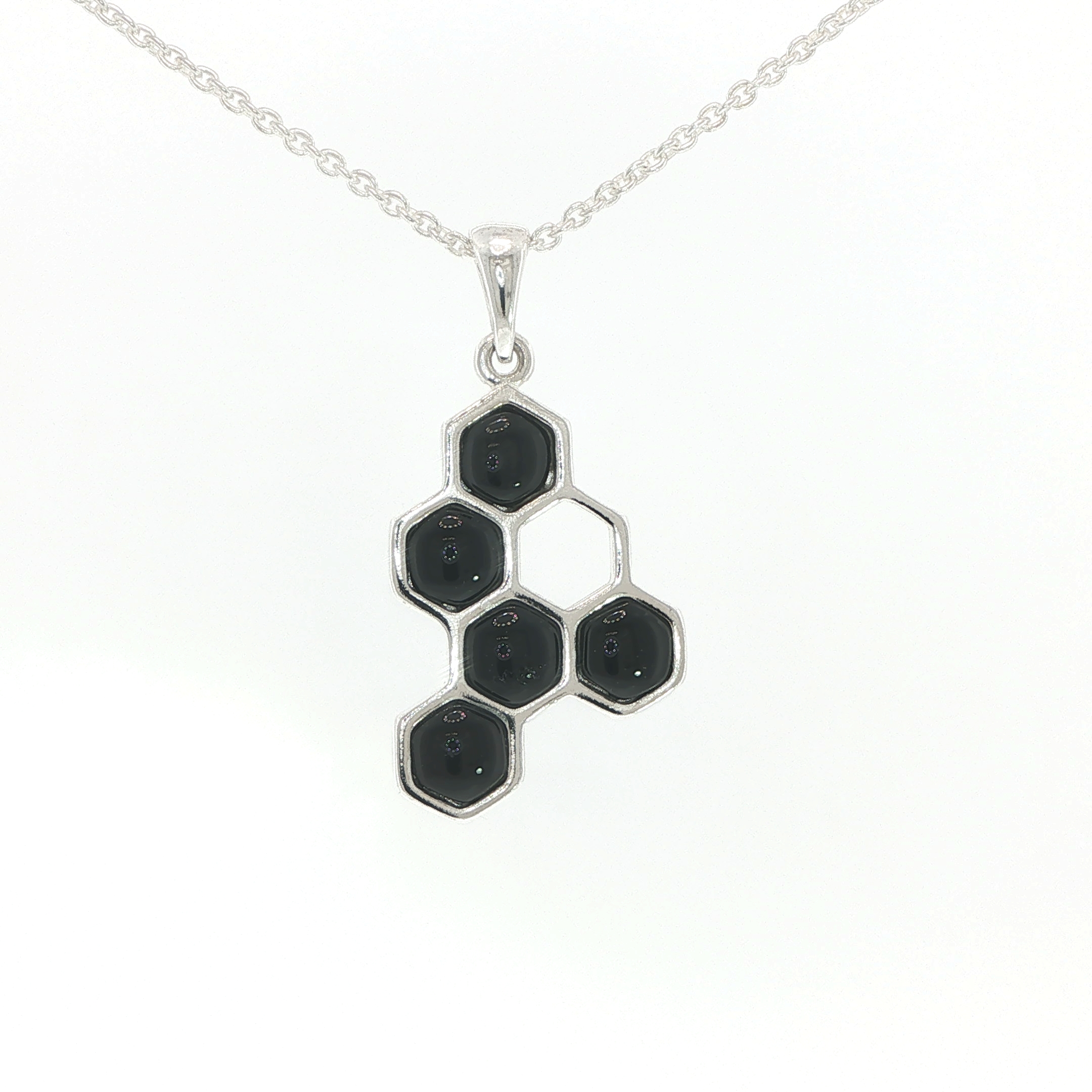 Honeycomb Whitby Jet Pendant Necklace in Silver