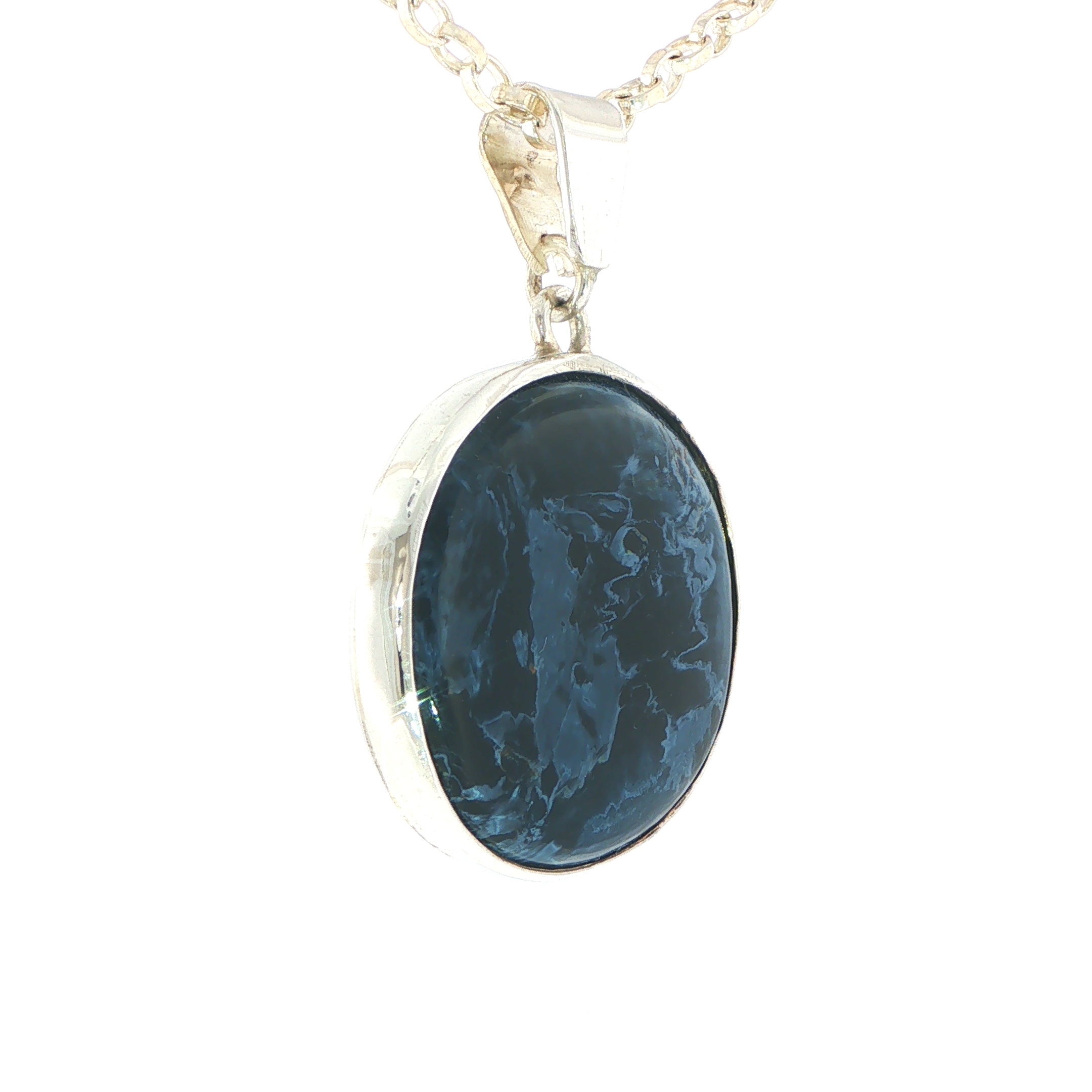Pietersite Oval Patterned Blue Cabochon Pendant in Silver - Image 2