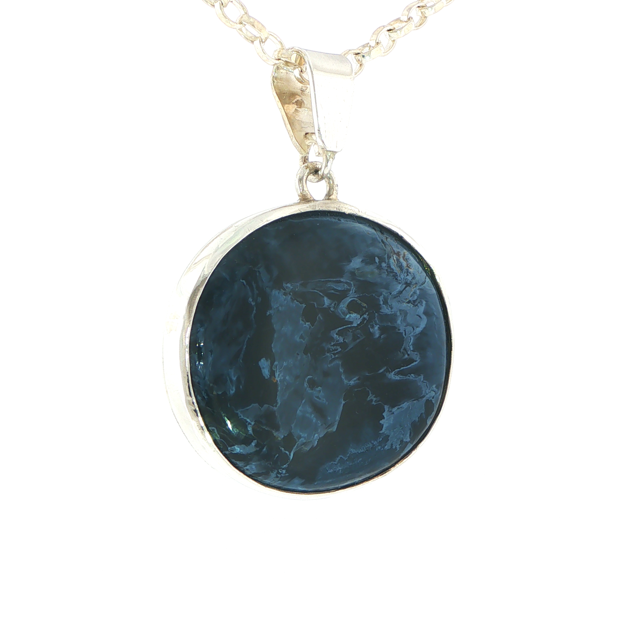 Pietersite Oval Patterned Blue Cabochon Pendant in Silver - Image 3