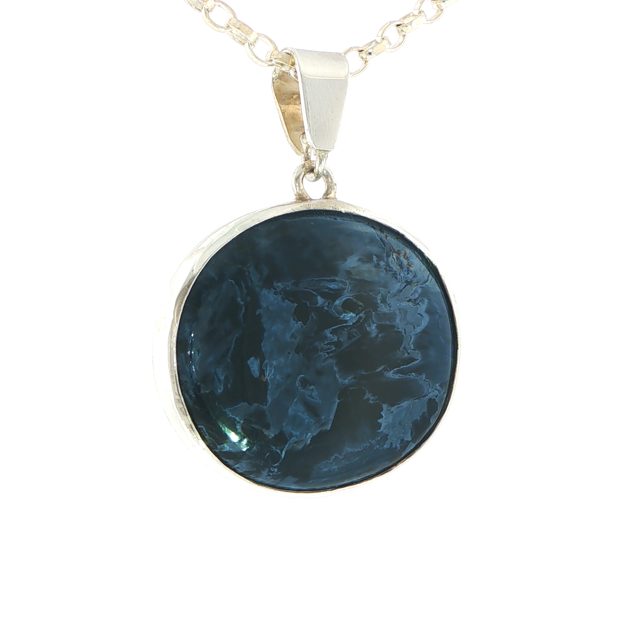 Pietersite Oval Patterned Blue Cabochon Pendant in Silver