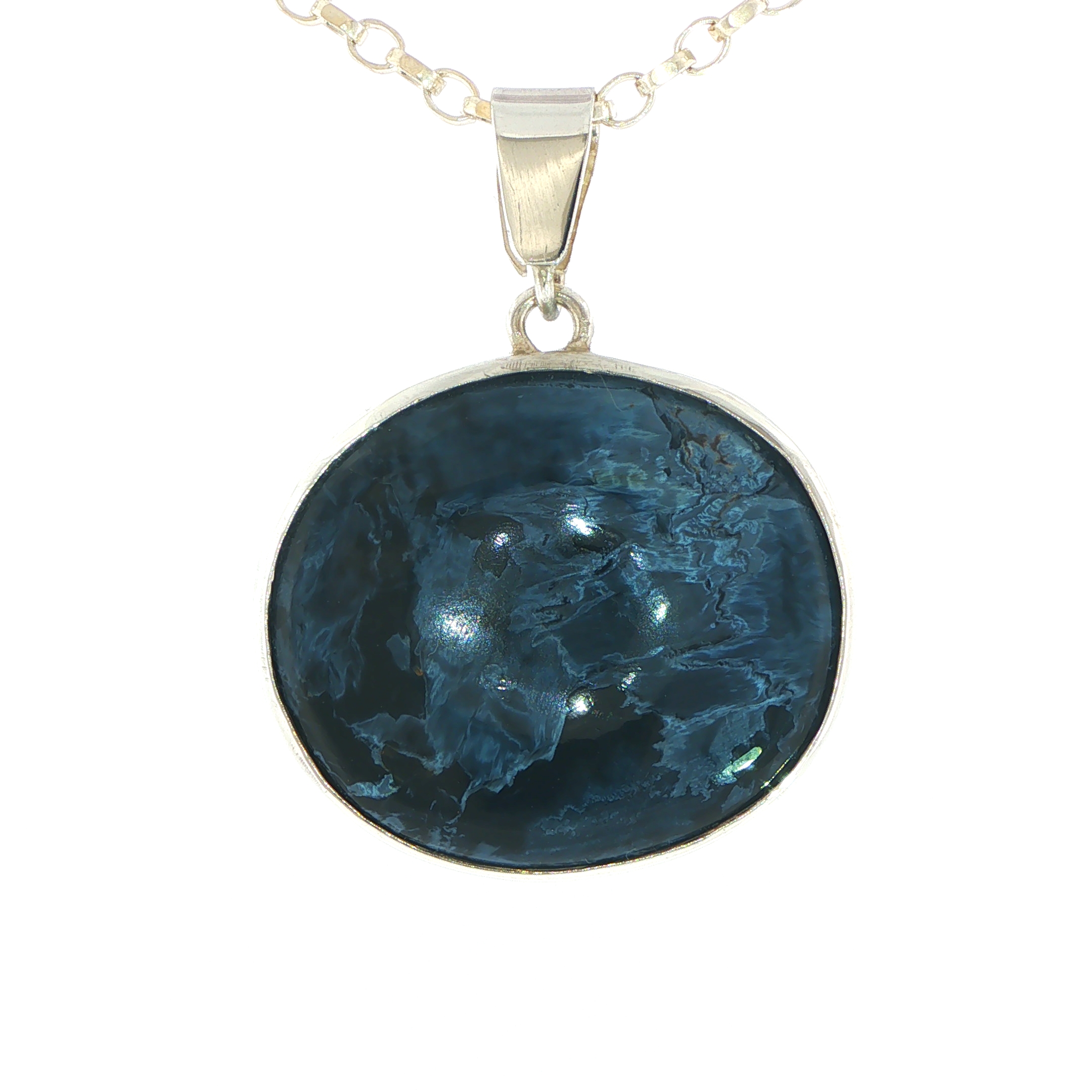 Pietersite Oval Patterned Blue Cabochon Pendant in Silver - Image 4