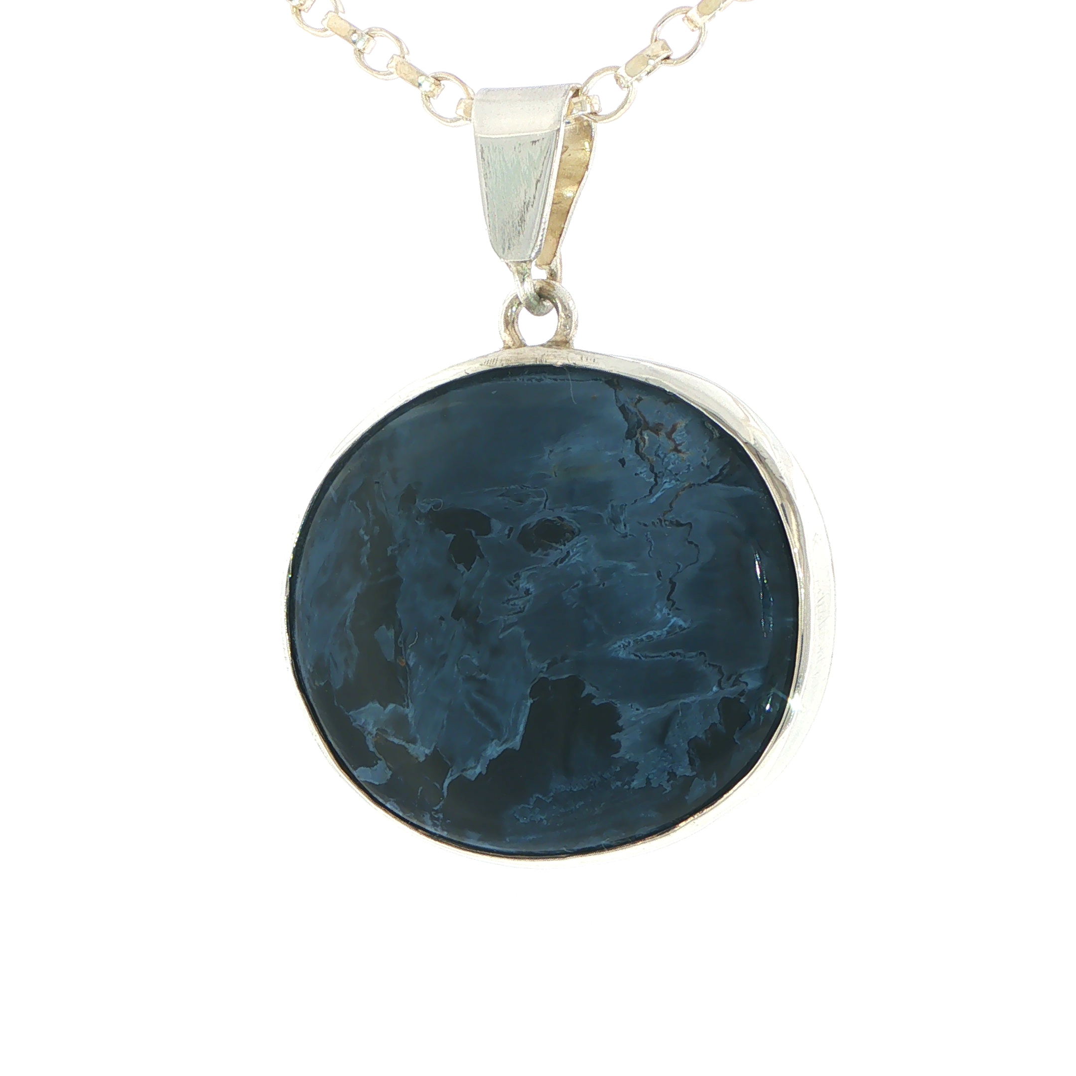 Pietersite Oval Patterned Blue Cabochon Pendant in Silver - Image 5