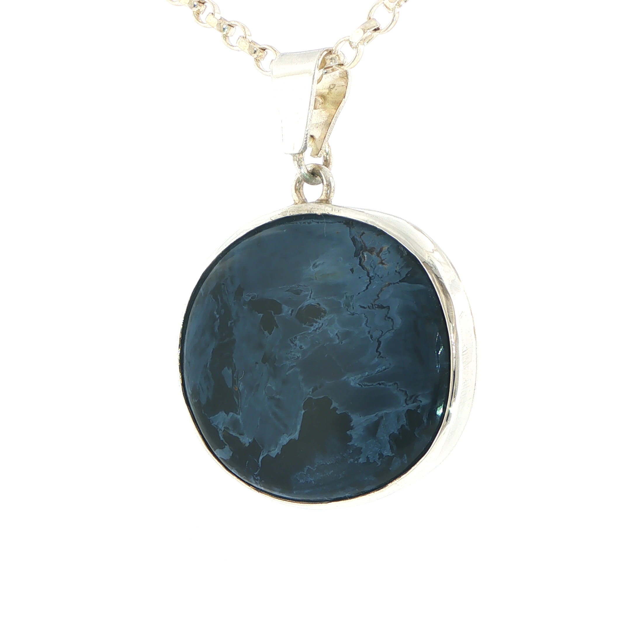 Pietersite Oval Patterned Blue Cabochon Pendant in Silver - Image 6