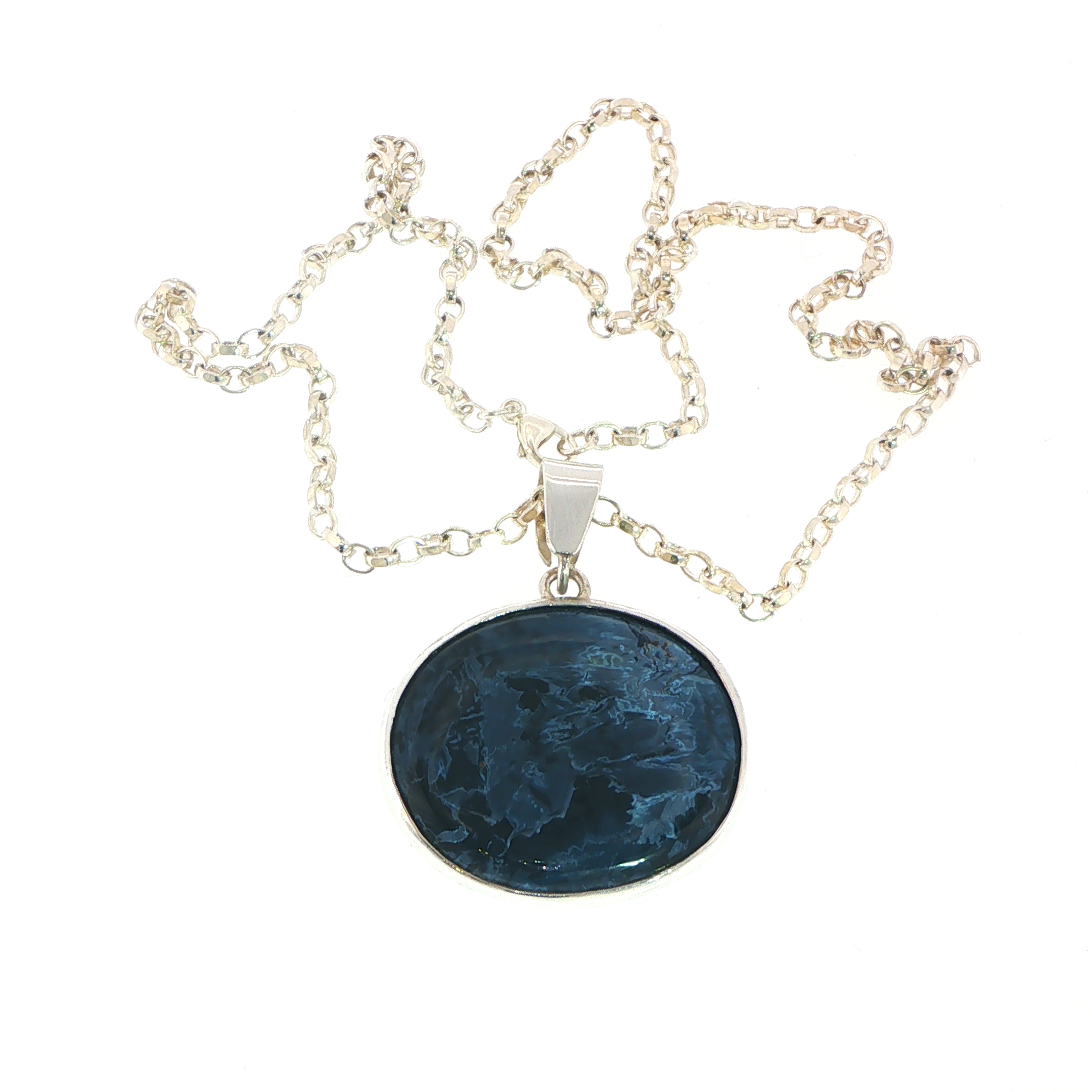 Pietersite Oval Patterned Blue Cabochon Pendant in Silver - Image 7