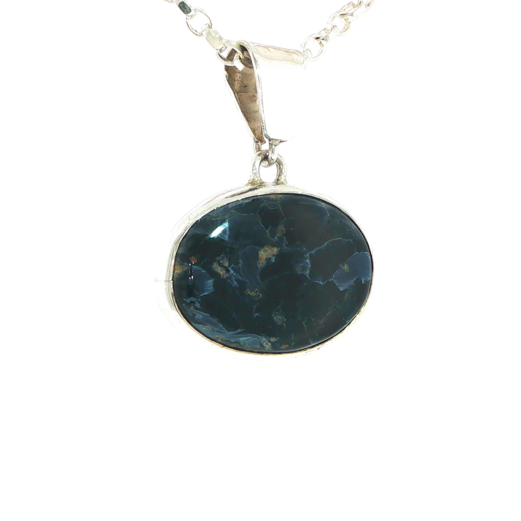 Pietersite Oval Blue Cabochon Pendant Necklace in Silver - Image 2