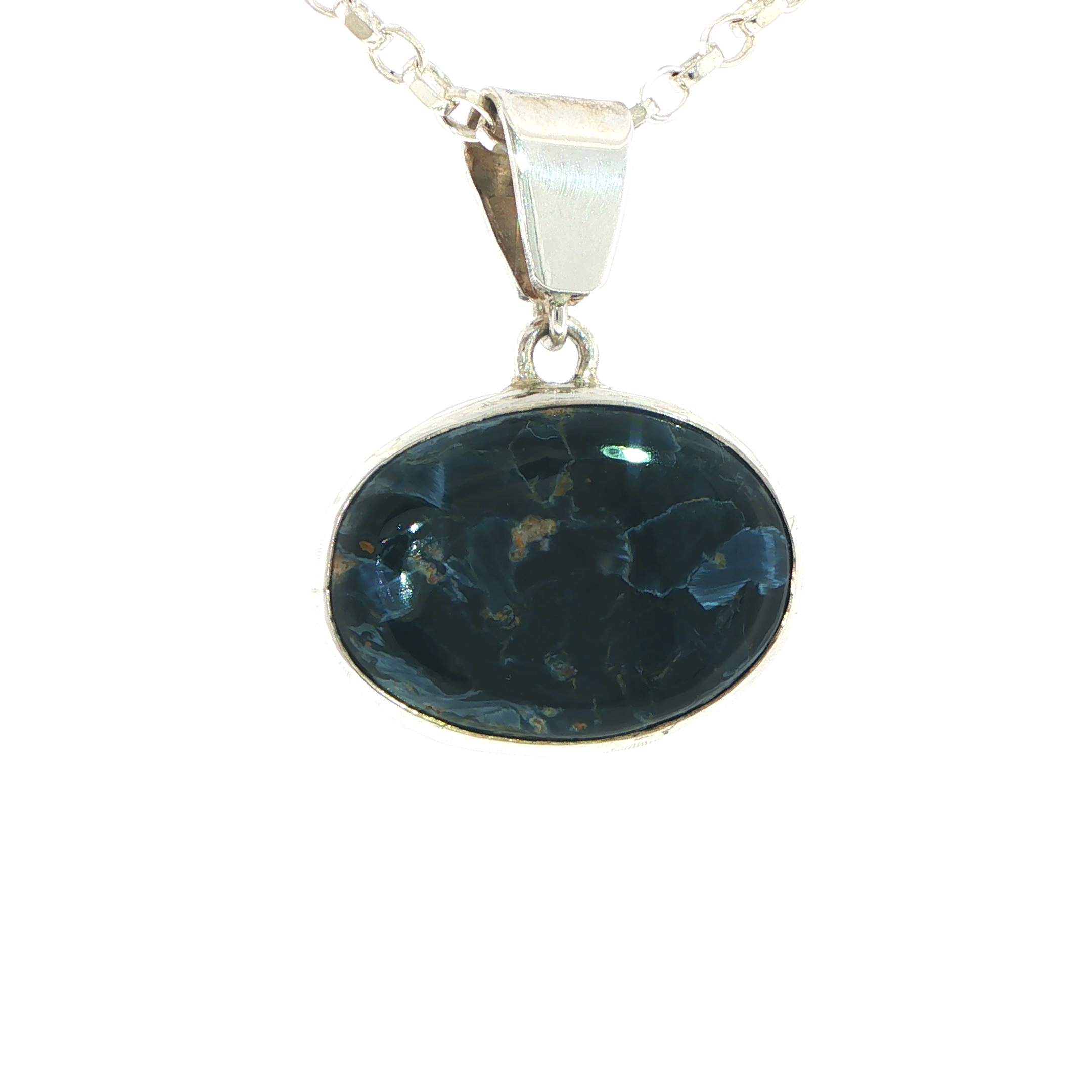 Pietersite Oval Blue Cabochon Pendant Necklace in Silver - Image 3