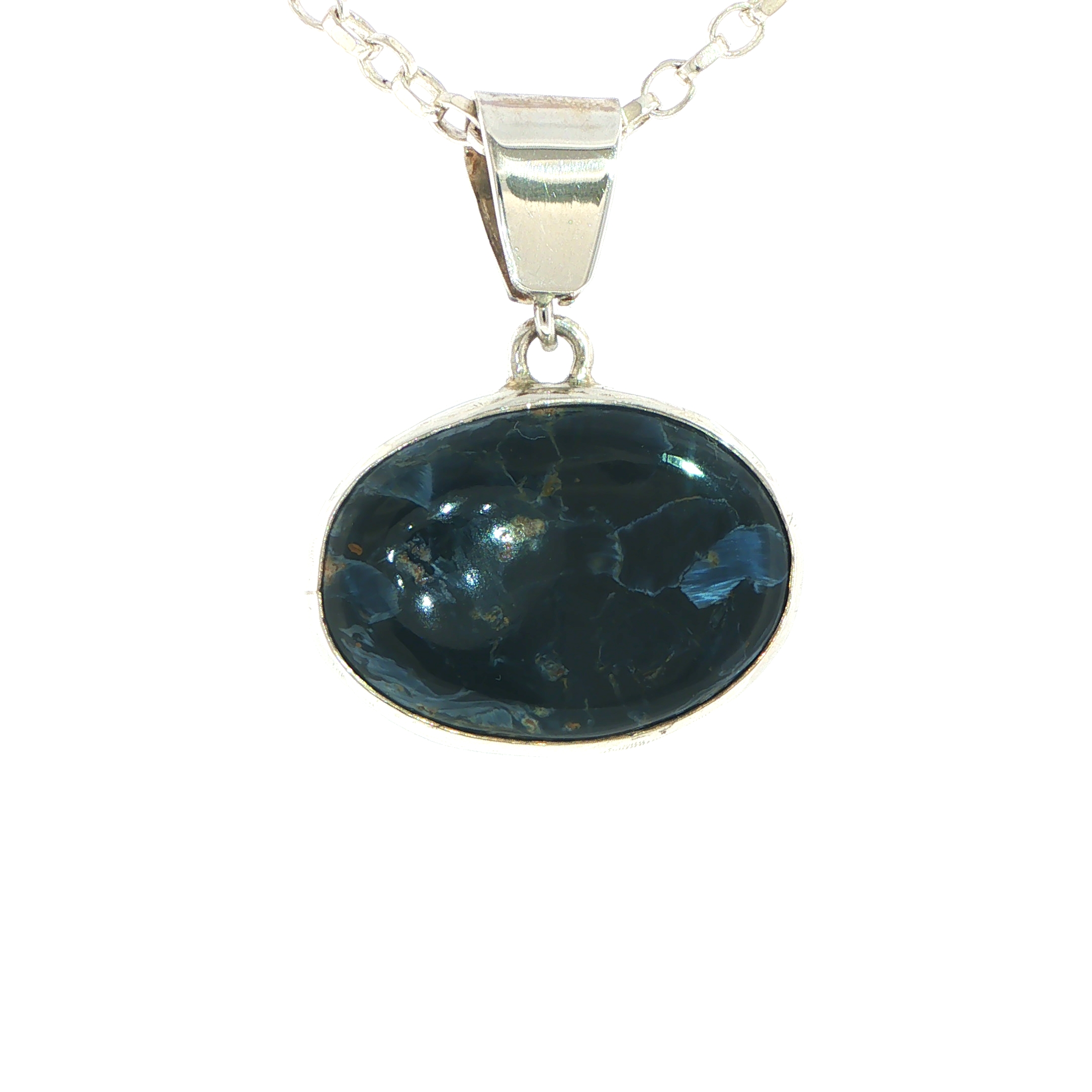 Pietersite Oval Blue Cabochon Pendant Necklace in Silver - Image 4