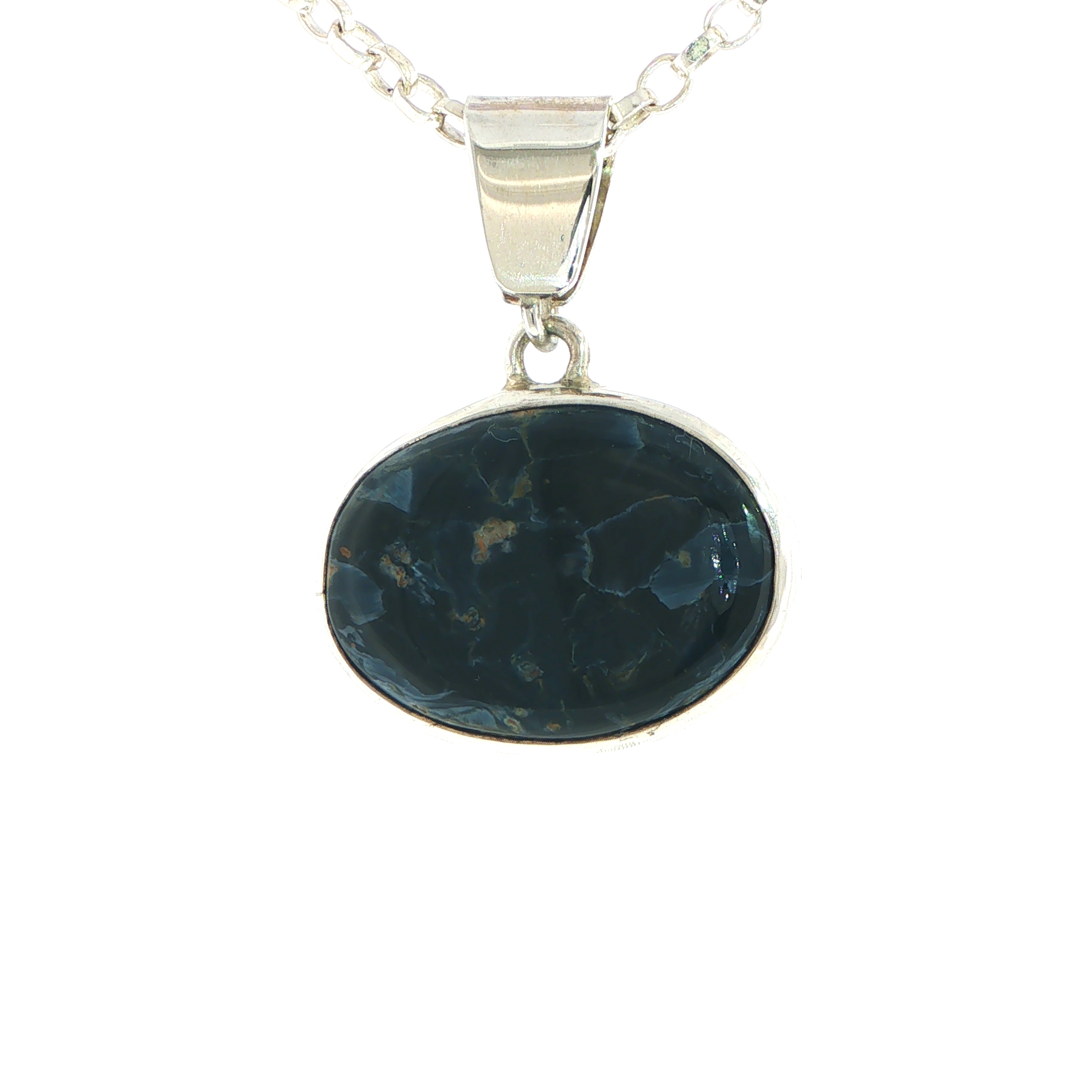 Pietersite Oval Blue Cabochon Pendant Necklace in Silver