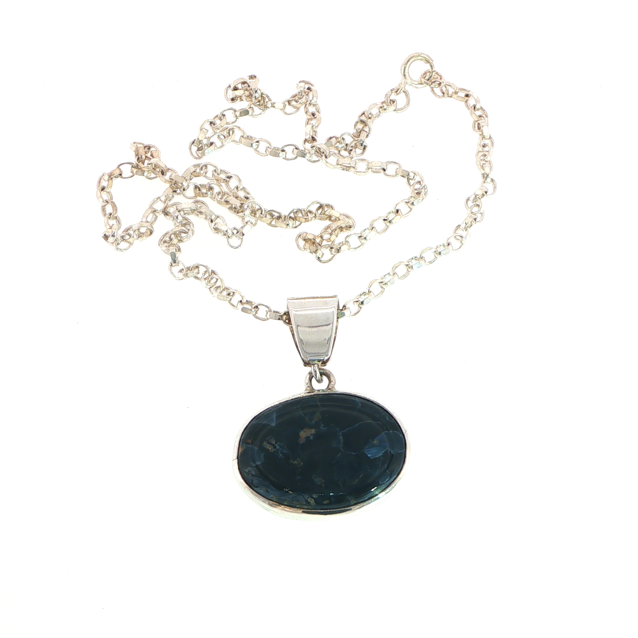 Pietersite Oval Blue Cabochon Pendant Necklace in Silver - Image 7