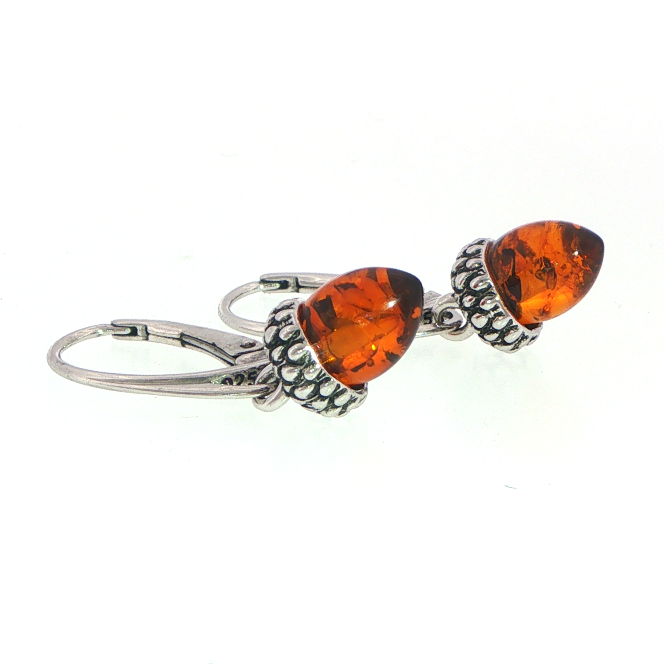 Acorn Amber Drop Earrings in Silver