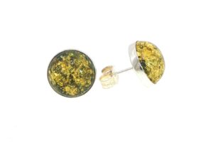 Green Amber Round Cabochon Stud Earrings in Silver
