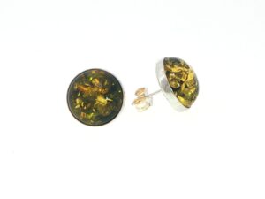 Large Bezel-Set Round Green Amber Stud Earrings in Silver