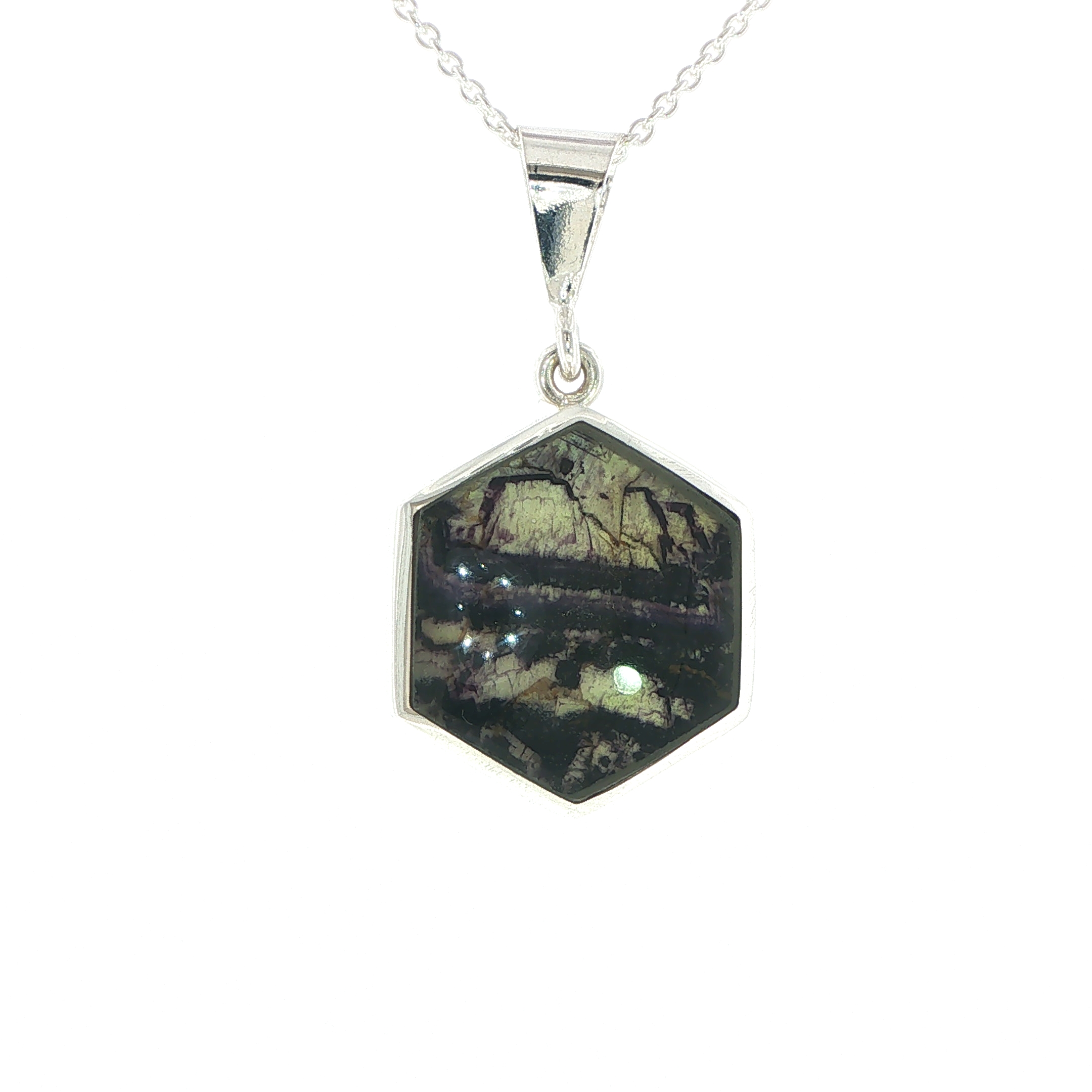 Hexagonal Blue John Pendant Necklace in Silver