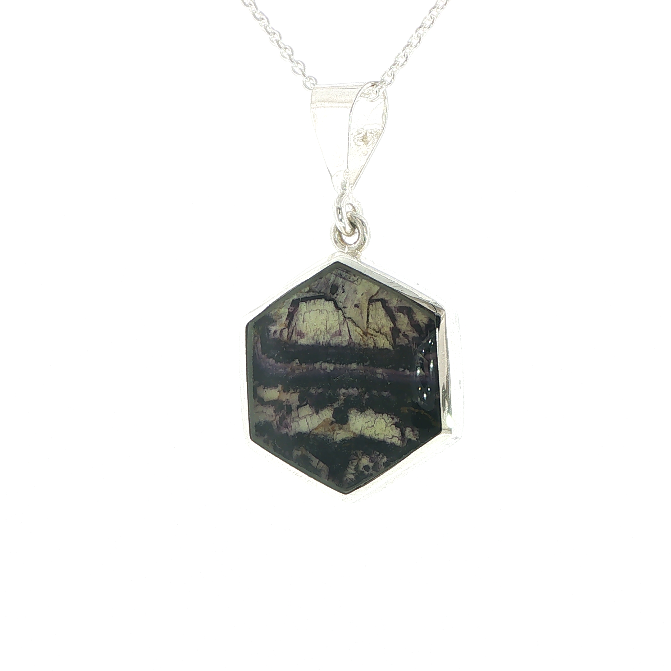 Hexagonal Blue John Pendant Necklace in Silver - Image 4