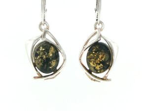 Green Amber Oval Cabochon Geometric Drop Earrings in Silver