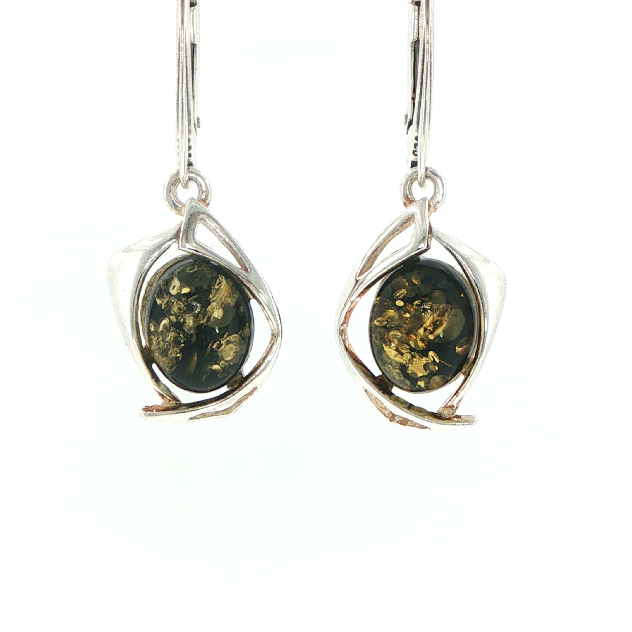 Green Amber Oval Cabochon Geometric Drop Earrings in Silver