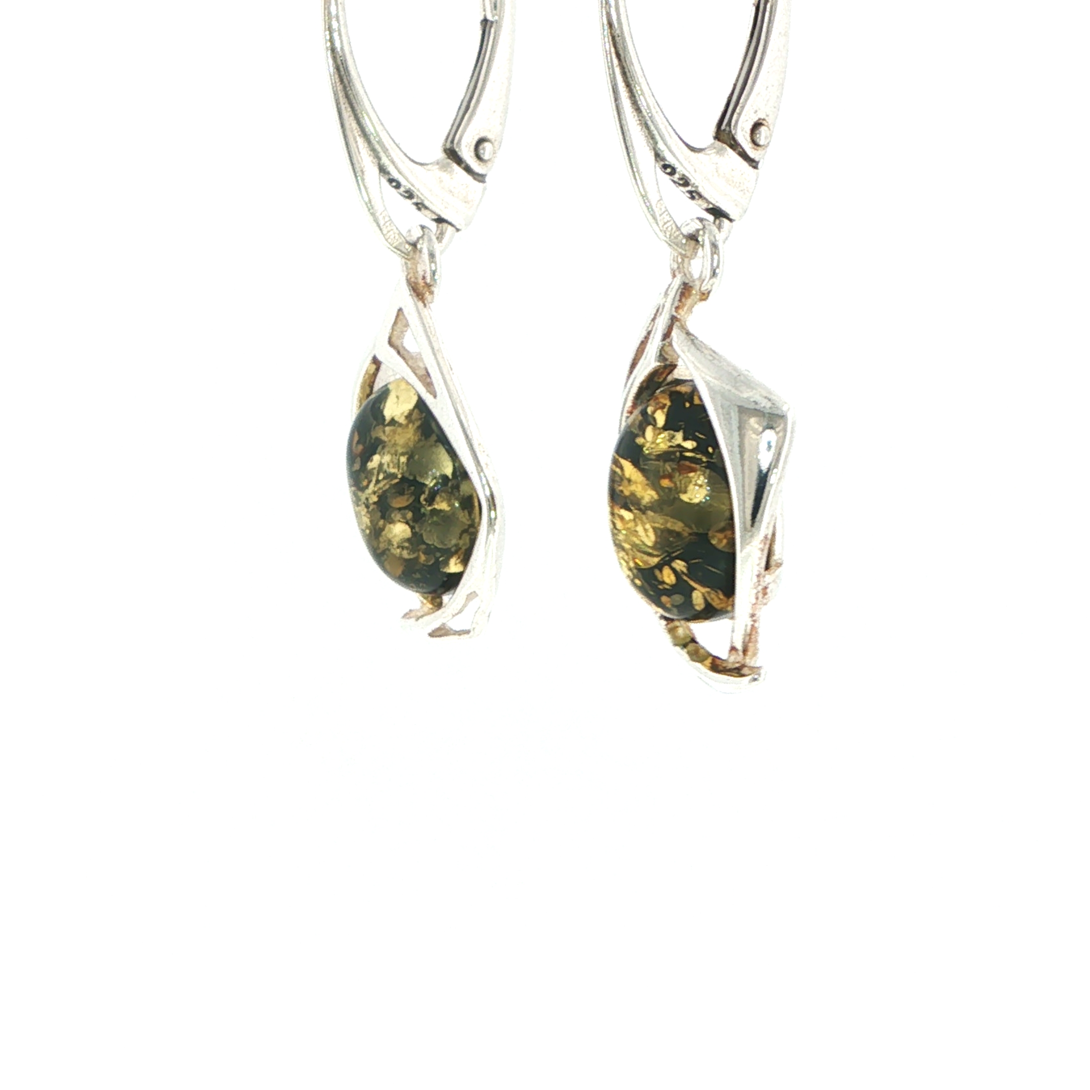 Green Amber Oval Cabochon Geometric Drop Earrings in Silver - Image 4
