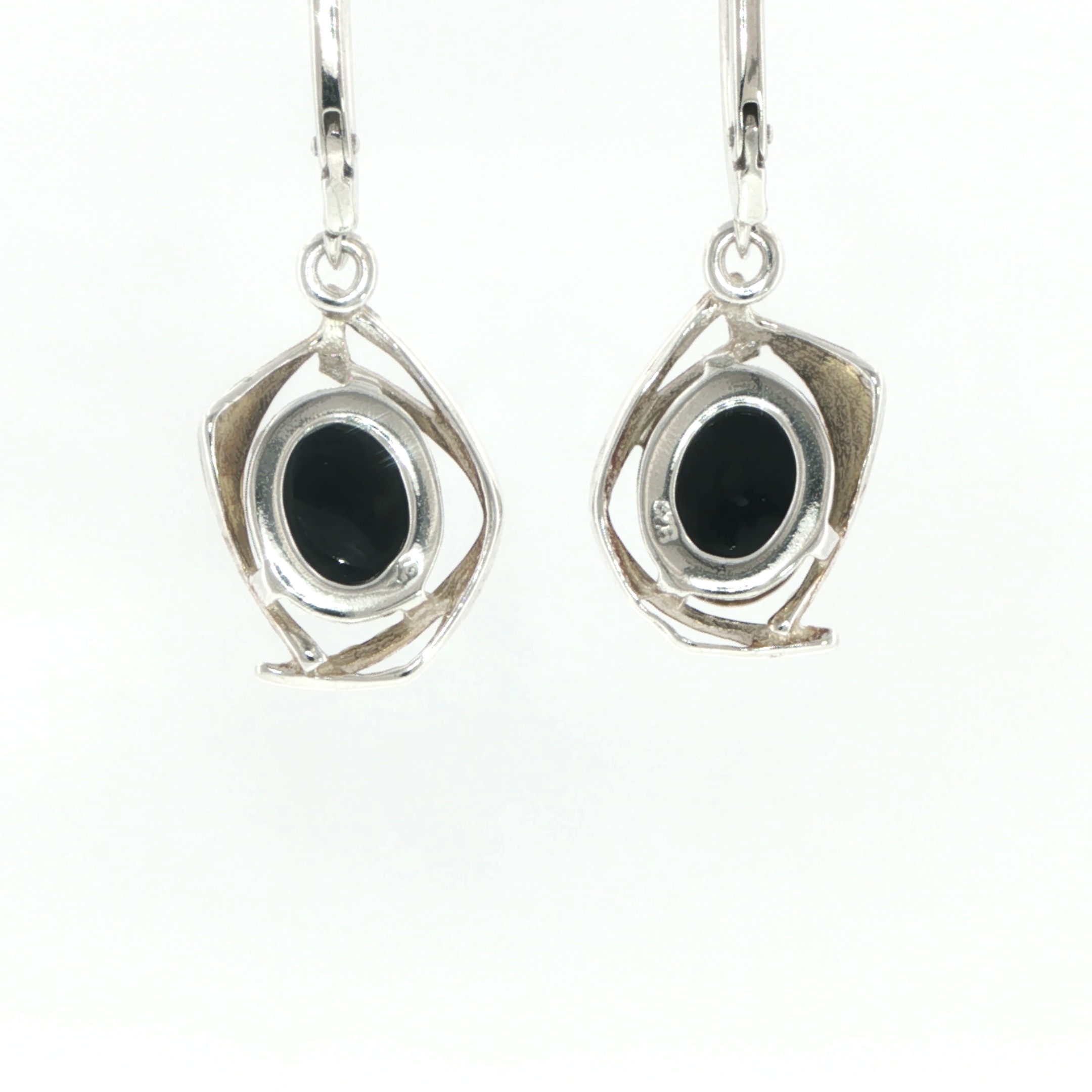 Green Amber Oval Cabochon Geometric Drop Earrings in Silver - Image 5