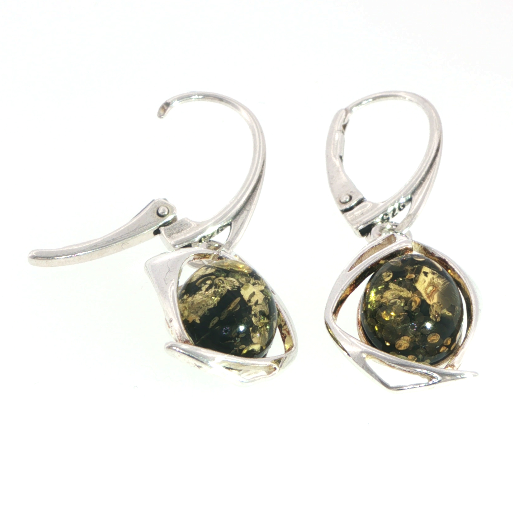 Green Amber Oval Cabochon Geometric Drop Earrings in Silver - Image 6