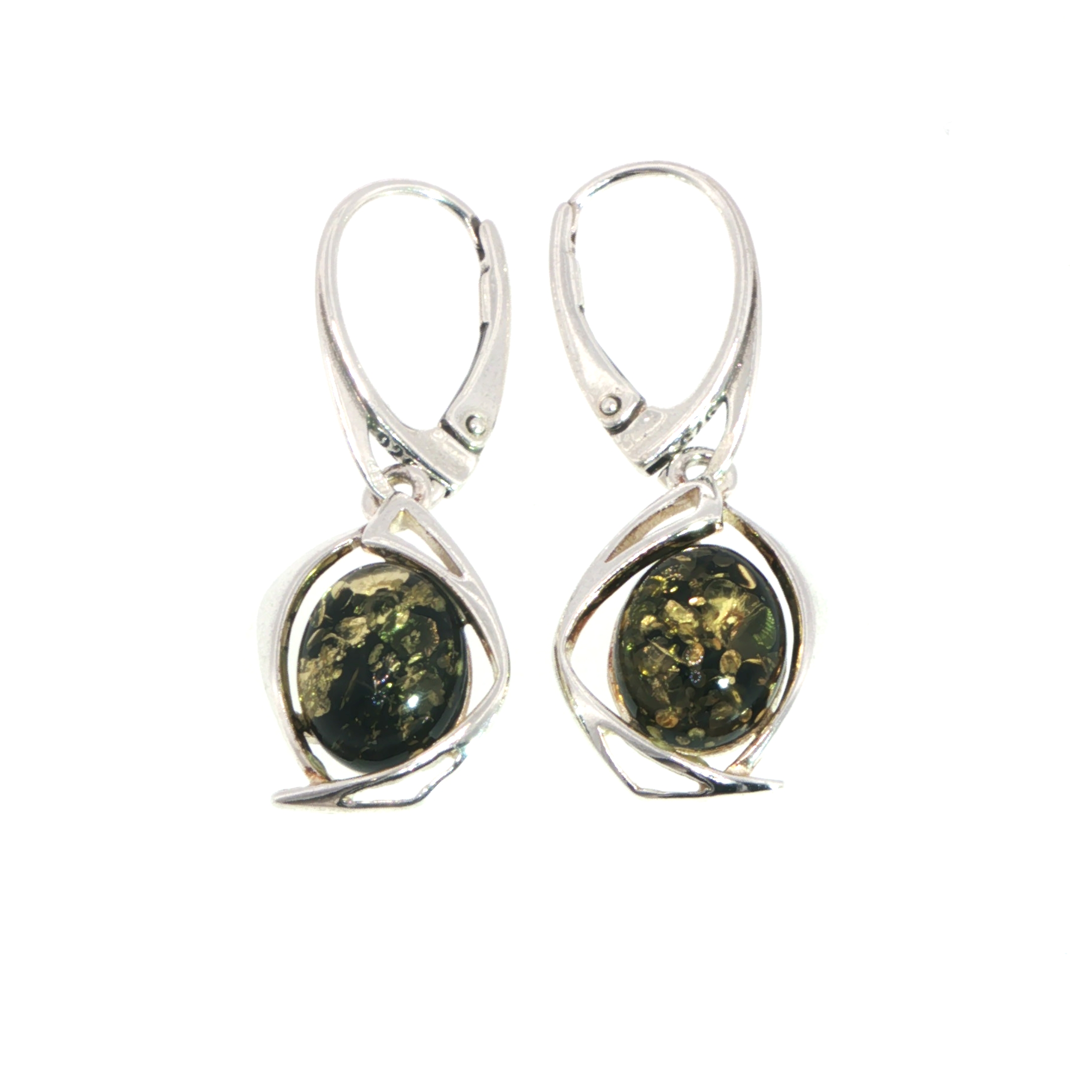 Green Amber Oval Cabochon Geometric Drop Earrings in Silver - Image 3