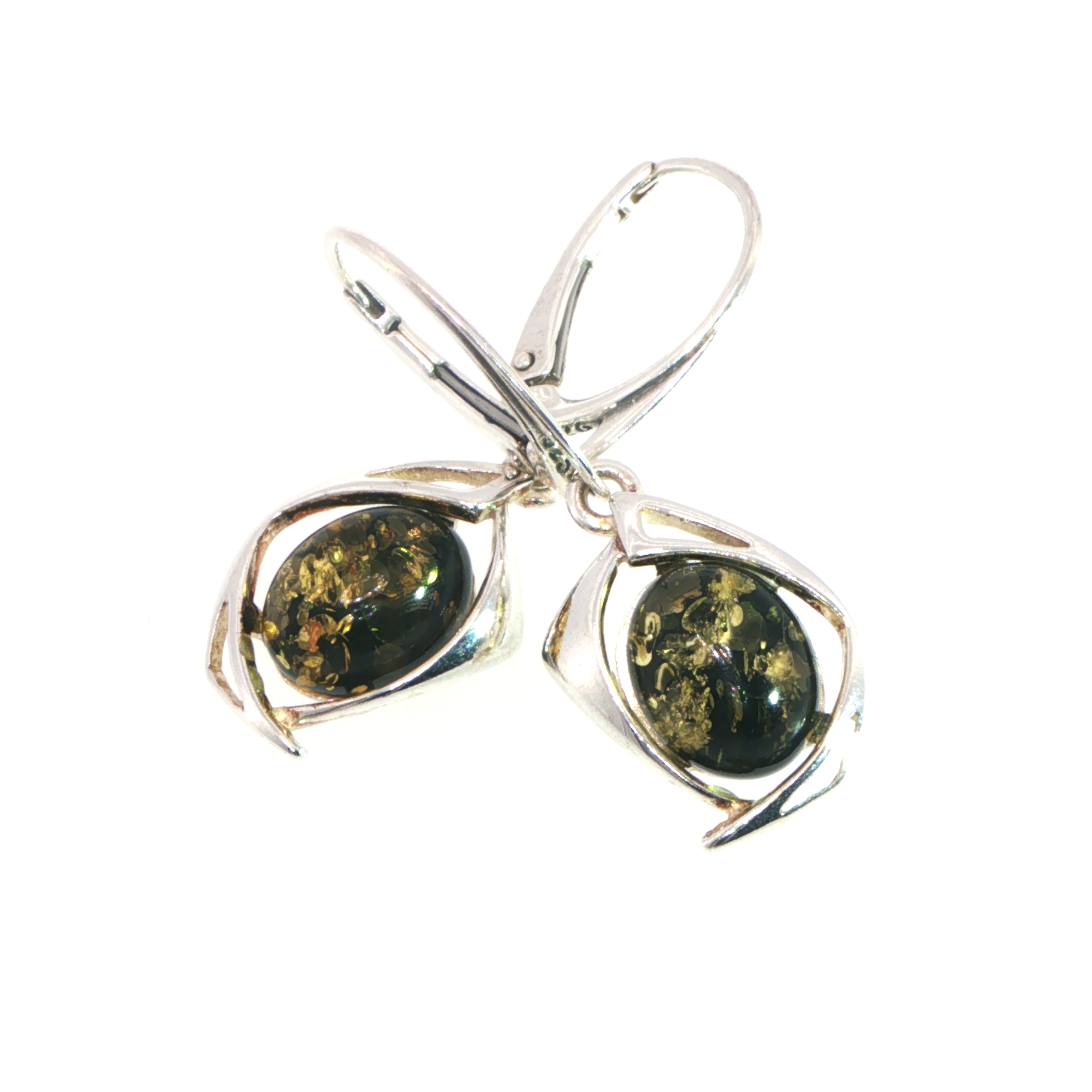 Green Amber Oval Cabochon Geometric Drop Earrings in Silver - Image 2