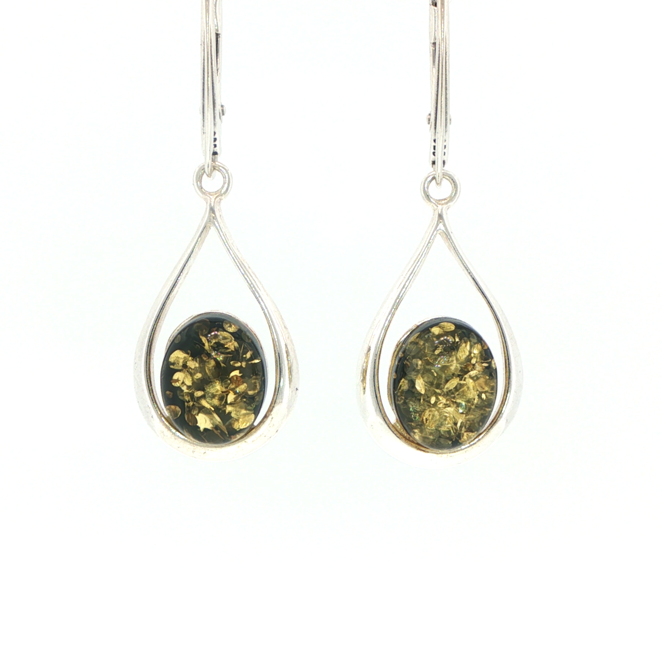 Green Amber Teardrop Drop Earrings in Silver - Image 2
