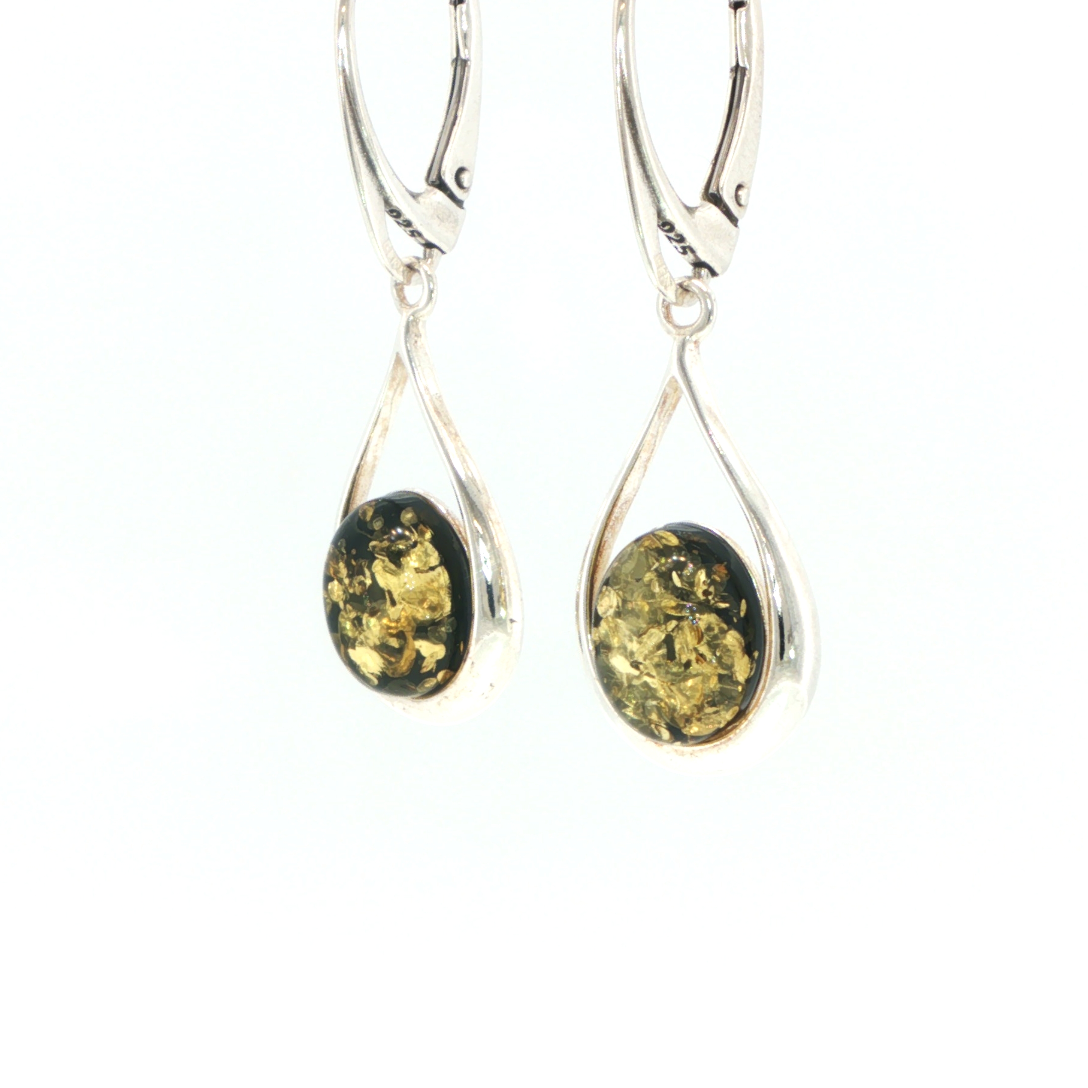 Green Amber Teardrop Drop Earrings in Silver - Image 3