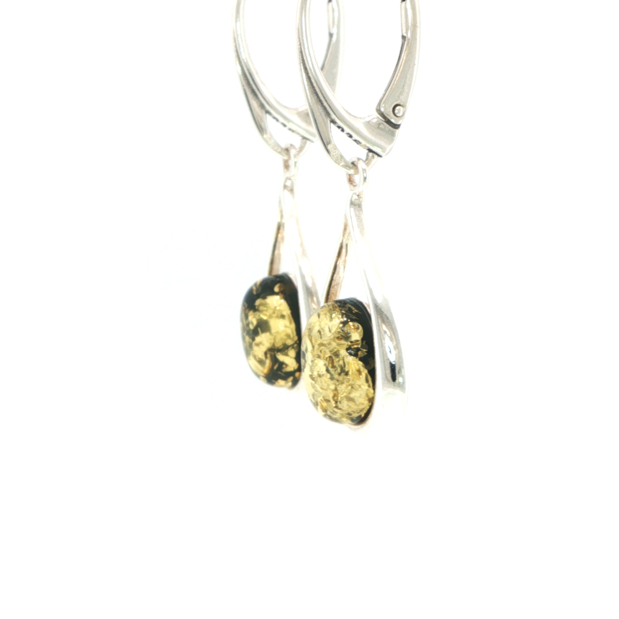 Green Amber Teardrop Drop Earrings in Silver - Image 4