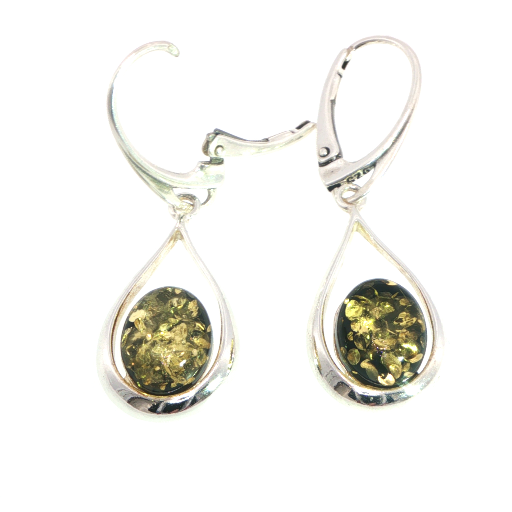 Green Amber Teardrop Drop Earrings in Silver - Image 5