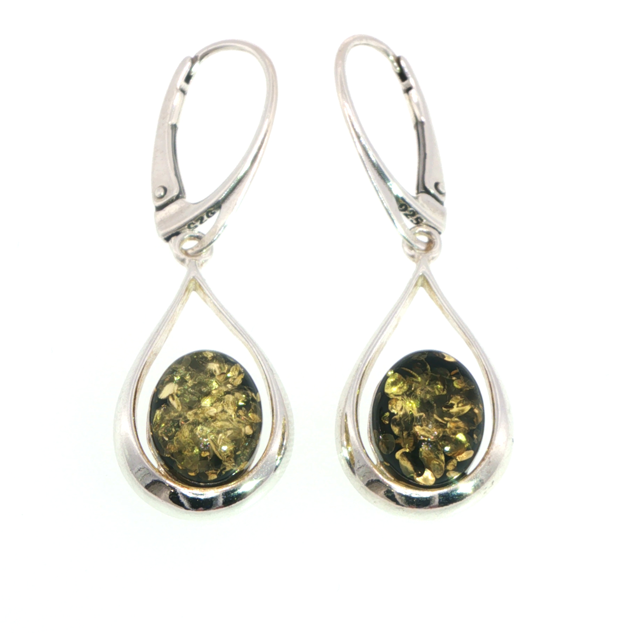 Green Amber Teardrop Drop Earrings in Silver