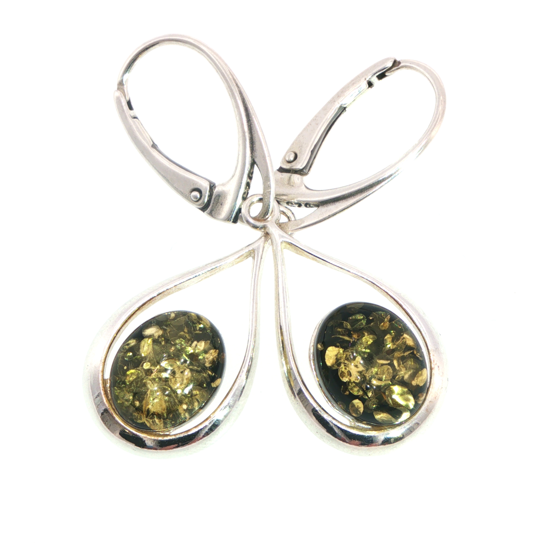 Green Amber Teardrop Drop Earrings in Silver - Image 6