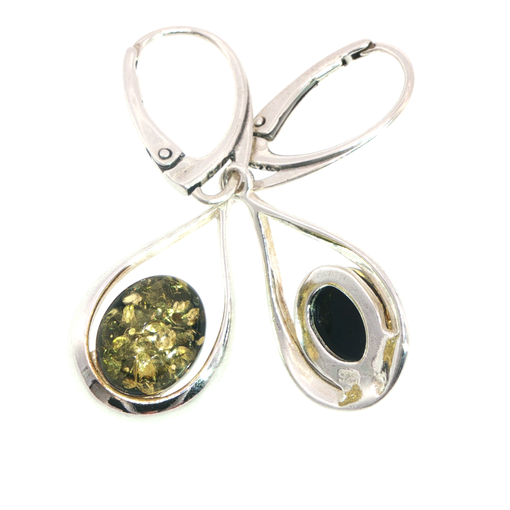 Green Amber Teardrop Drop Earrings in Silver - Image 7
