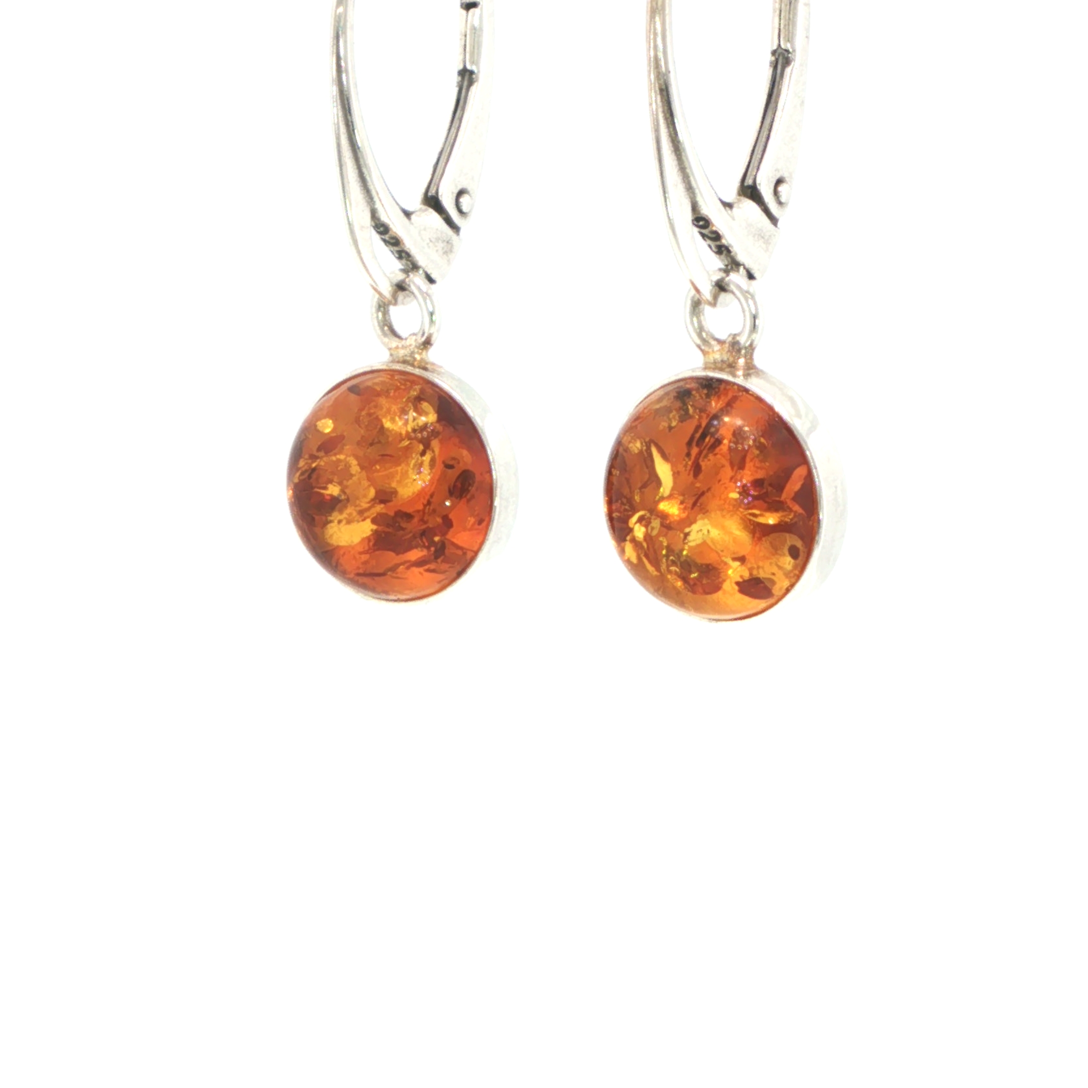 Round Amber Cabochon Drop Earrings in Silver - Image 3