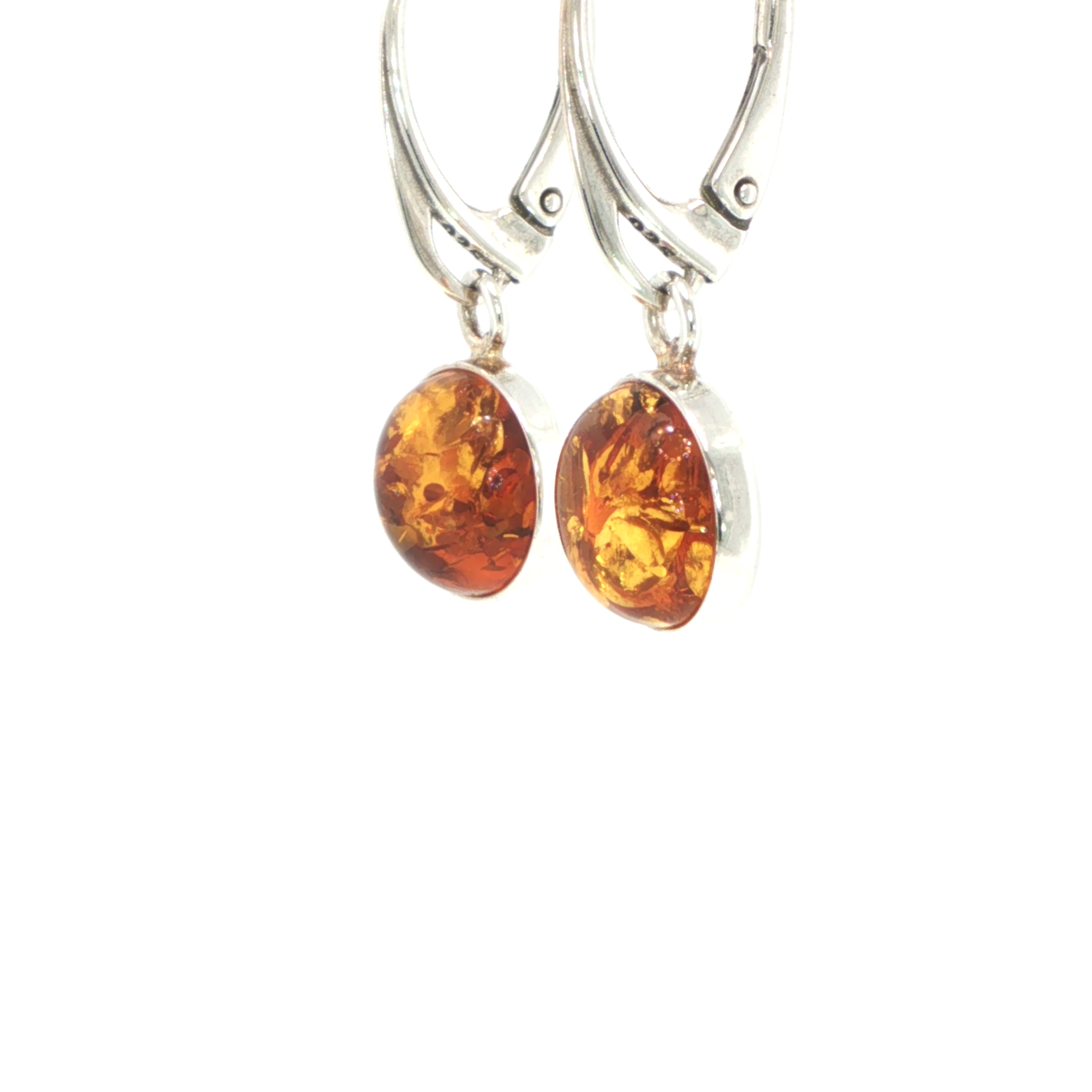 Round Amber Cabochon Drop Earrings in Silver - Image 4