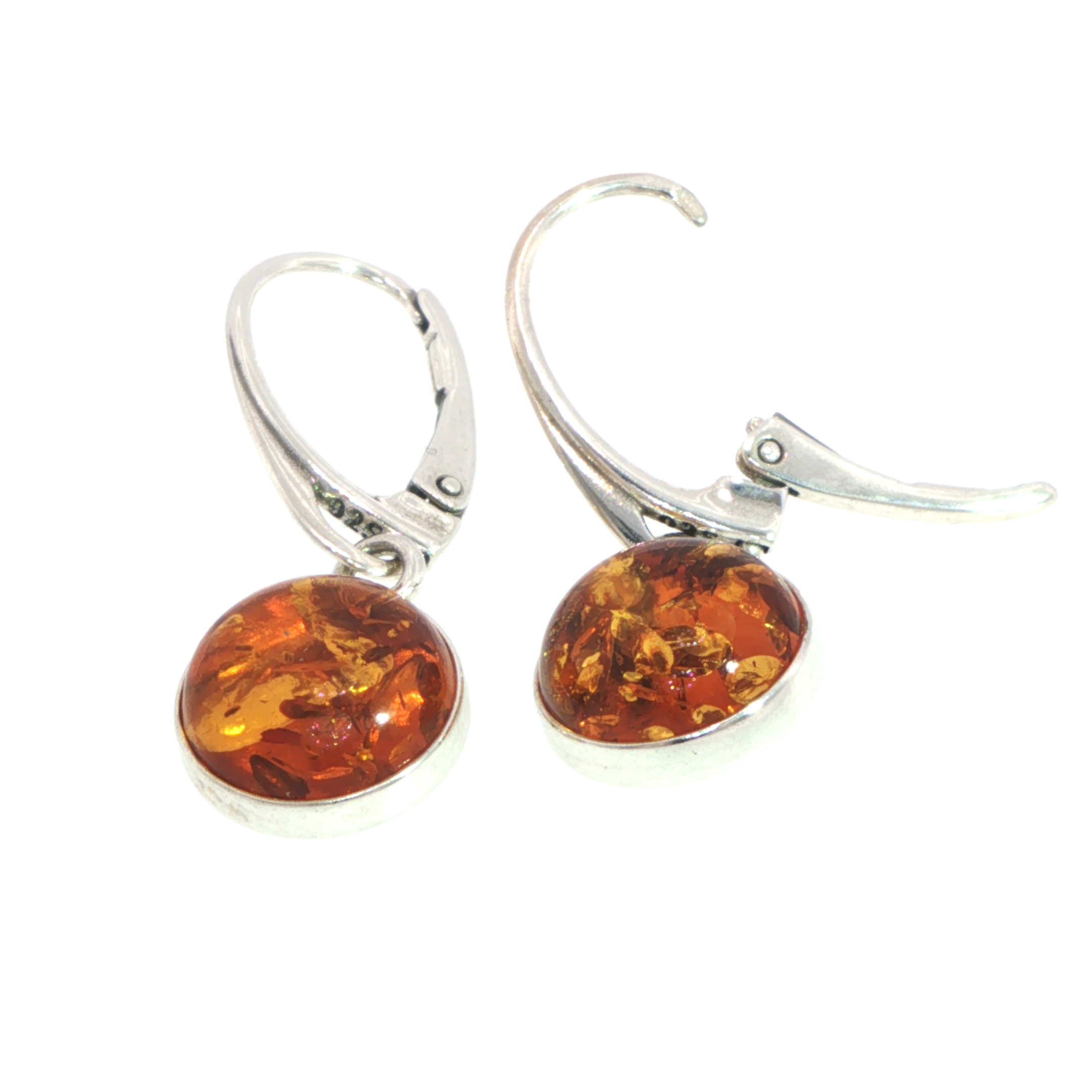 Round Amber Cabochon Drop Earrings in Silver - Image 5