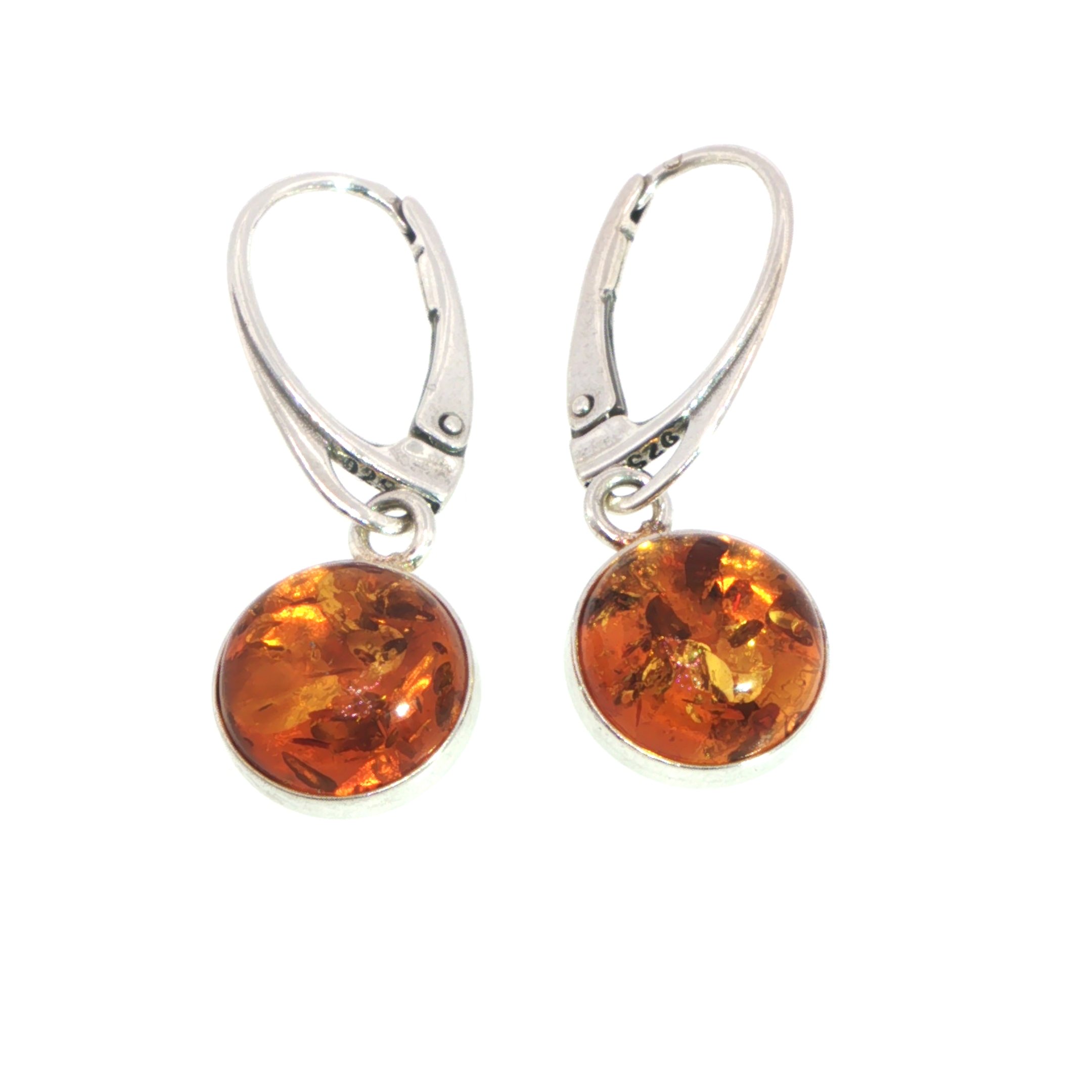 Round Amber Cabochon Drop Earrings in Silver - Image 7