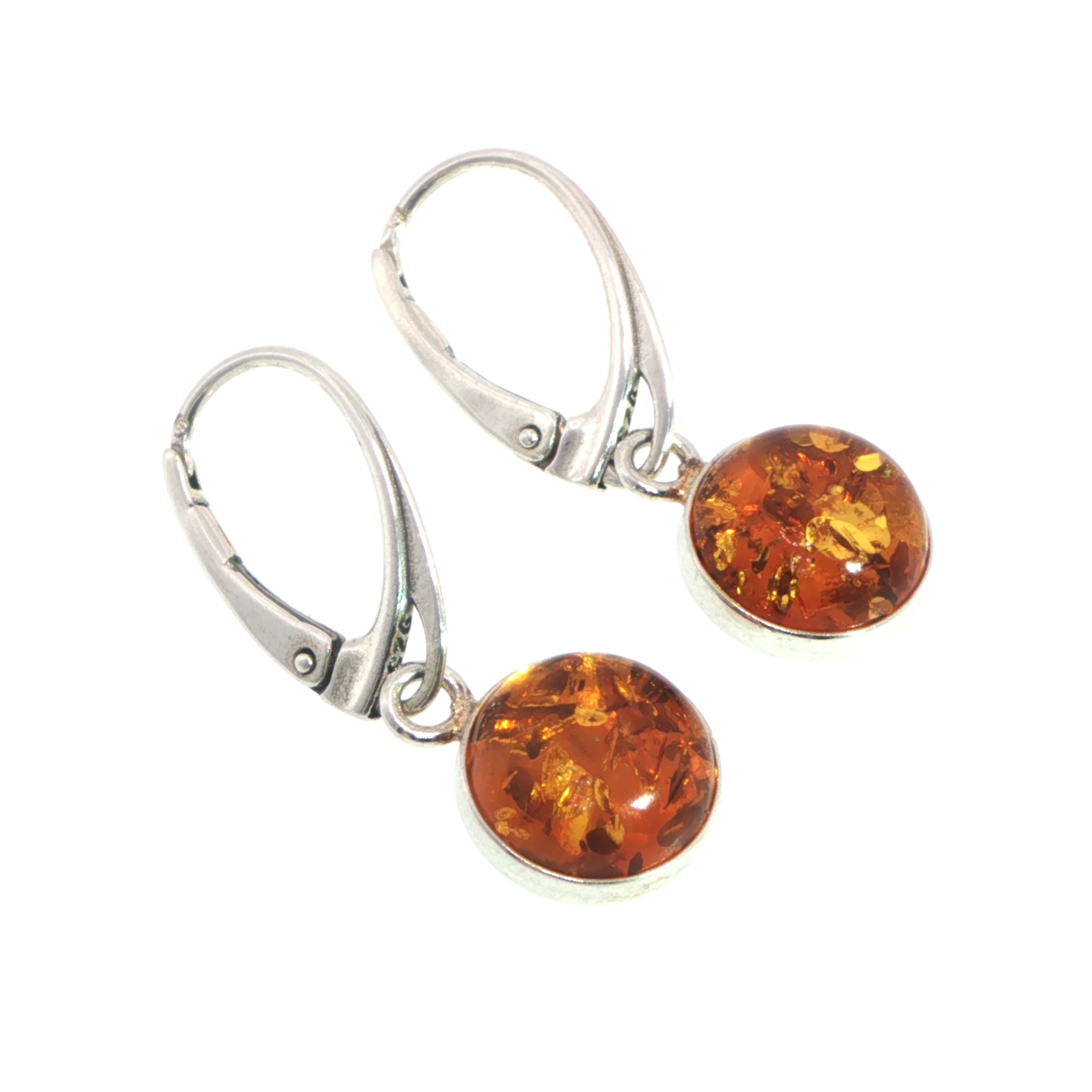 Round Amber Cabochon Drop Earrings in Silver