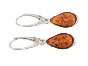 Teardrop Amber Lever-Back Drop Earrings in Silver