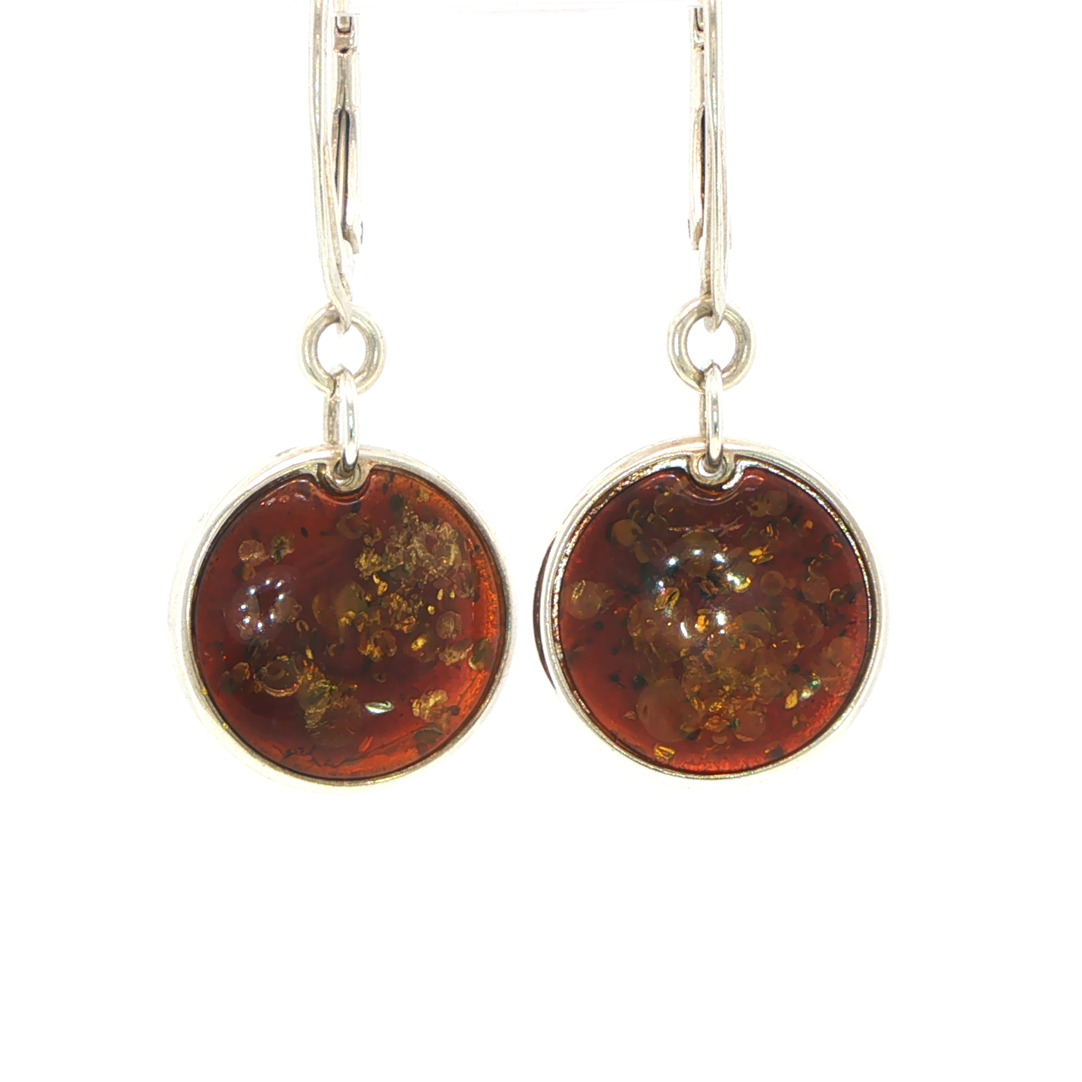 Round Amber Drop Lever-Back Earrings in Silver - Image 2